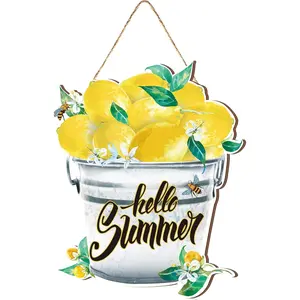 Hello Summer Door Decoration Lemon Wreath for Front Door Hanger Summer Wooden Hanging Sign Lemon Wood Wall Art Plaque for Home Kitchen Indoor Outdoor Garden Yard Porch Decor