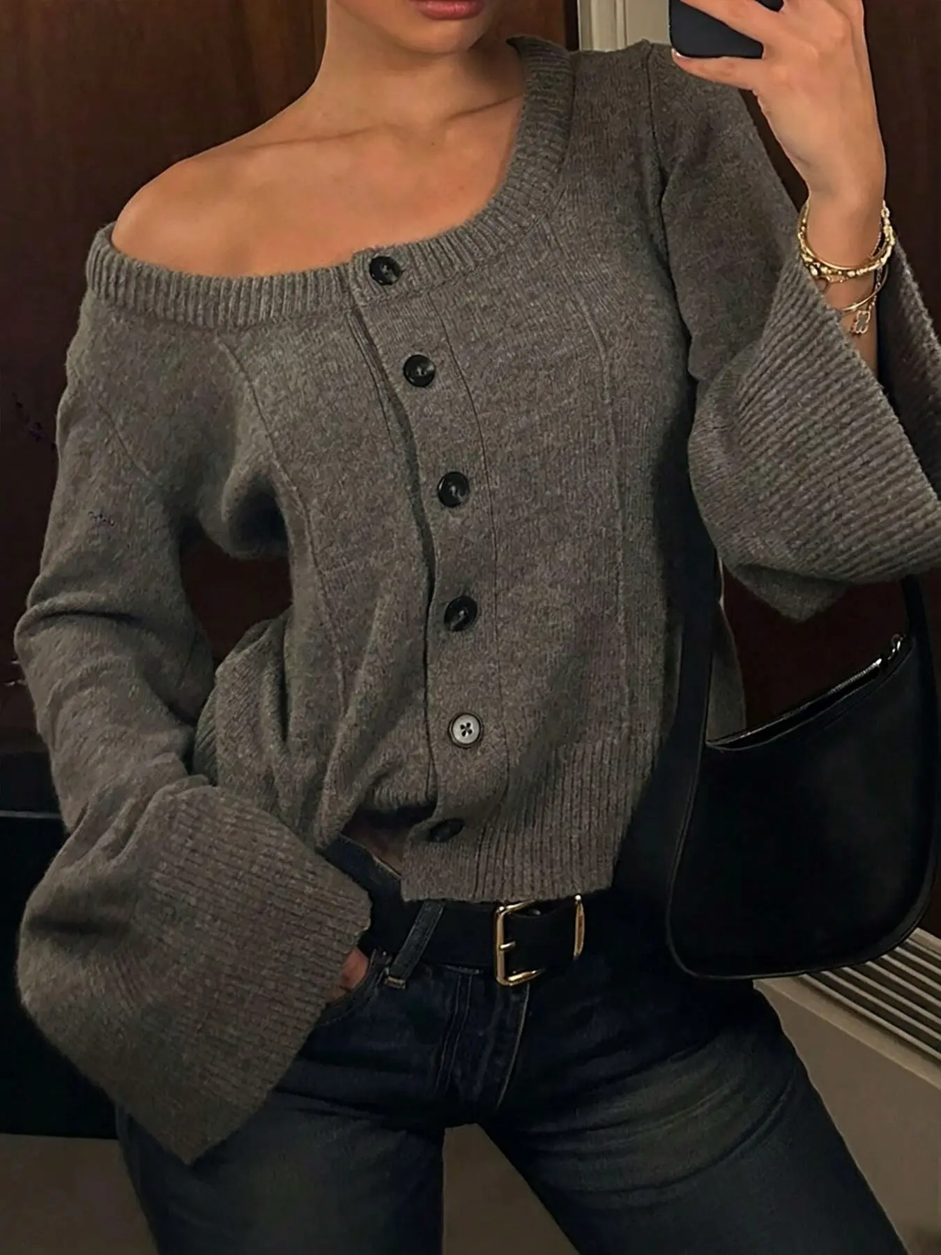 Women's Cropped Knit Cardigan, Off‑Shoulder Single‑Breasted Flare Long Sleeve Sweater, One‑Shoulder Two‑Way Wear Versatile Casual Autumn Winter Knit Top, Suitable for Date and Daily Outing, Autumn Women's Clothing, Sweater Top