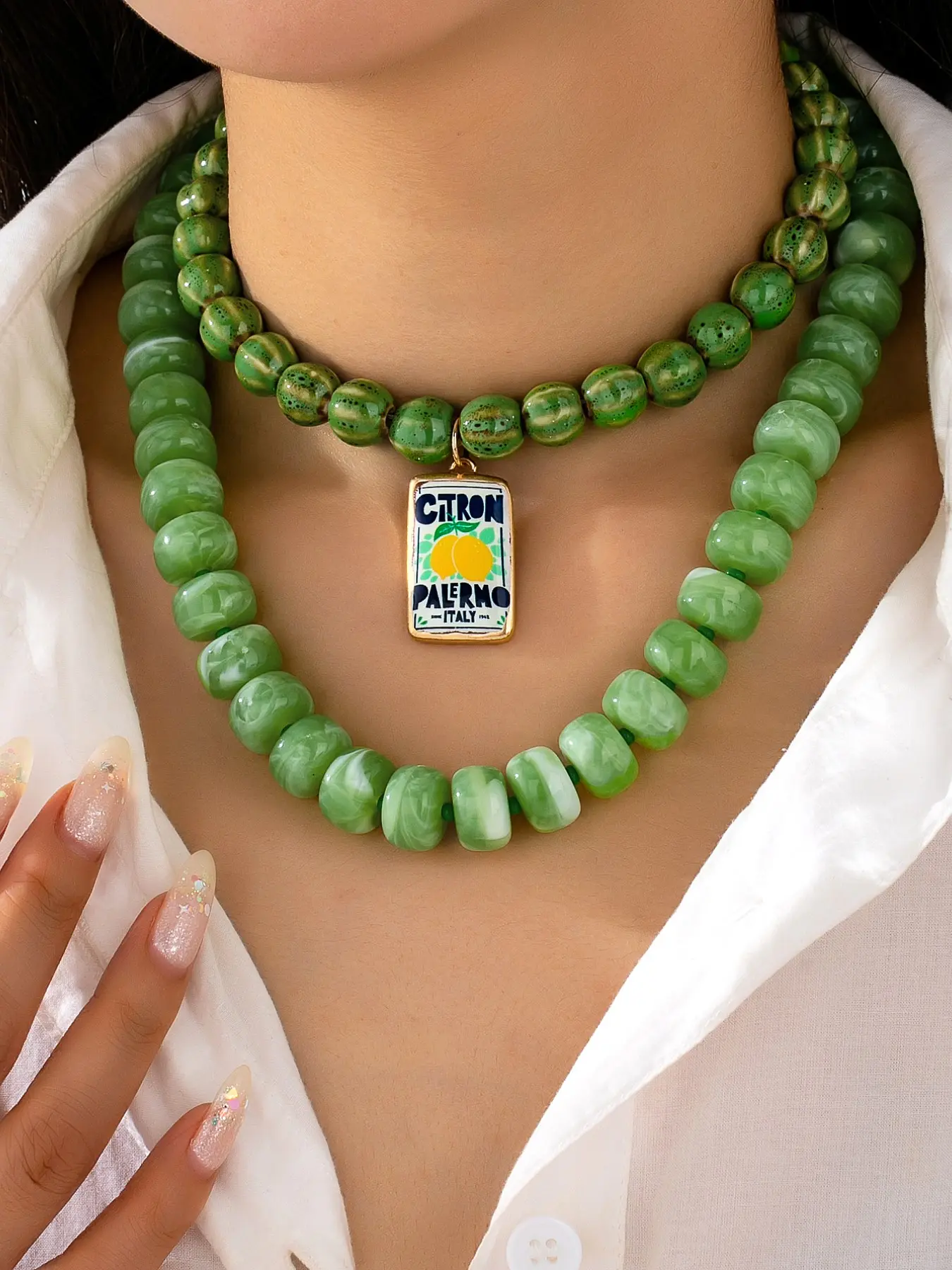 2 Pcs Women Green Color Beaded Choker Necklace, Vintage Citron Lemon Enamel Tag Pendant Trendy Summer Necklaces Daily Vacation Jewelry Gift ﻿