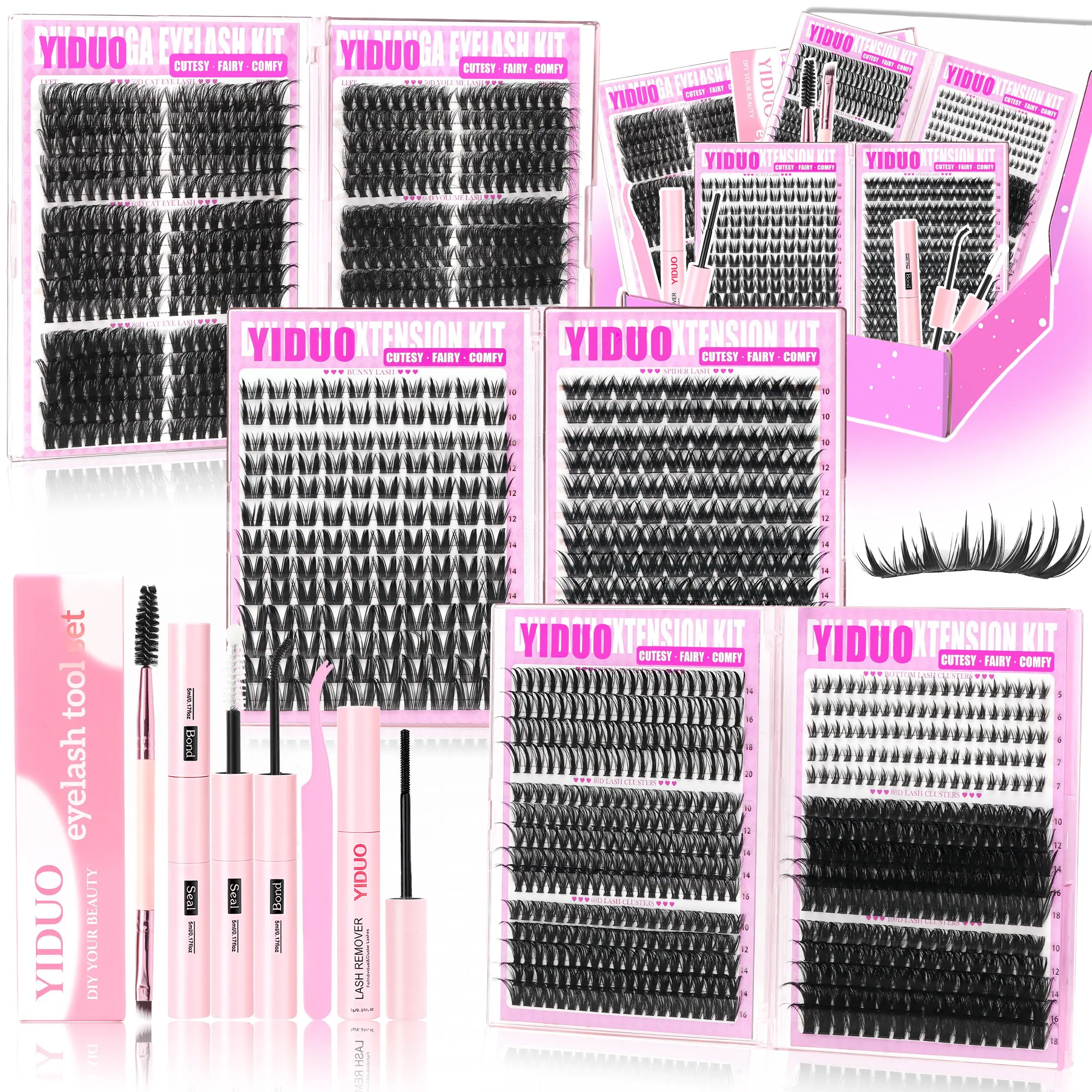 YIDUO All-in-One DIY Lash Set - 1110 Pcs Individual Clusters in Manga, Cat Eye & Spikes - Includes 48H Lash Bond, Seal, Fast Remover, Tweezers, Eyelash Brush for Professional At-Home Extensions