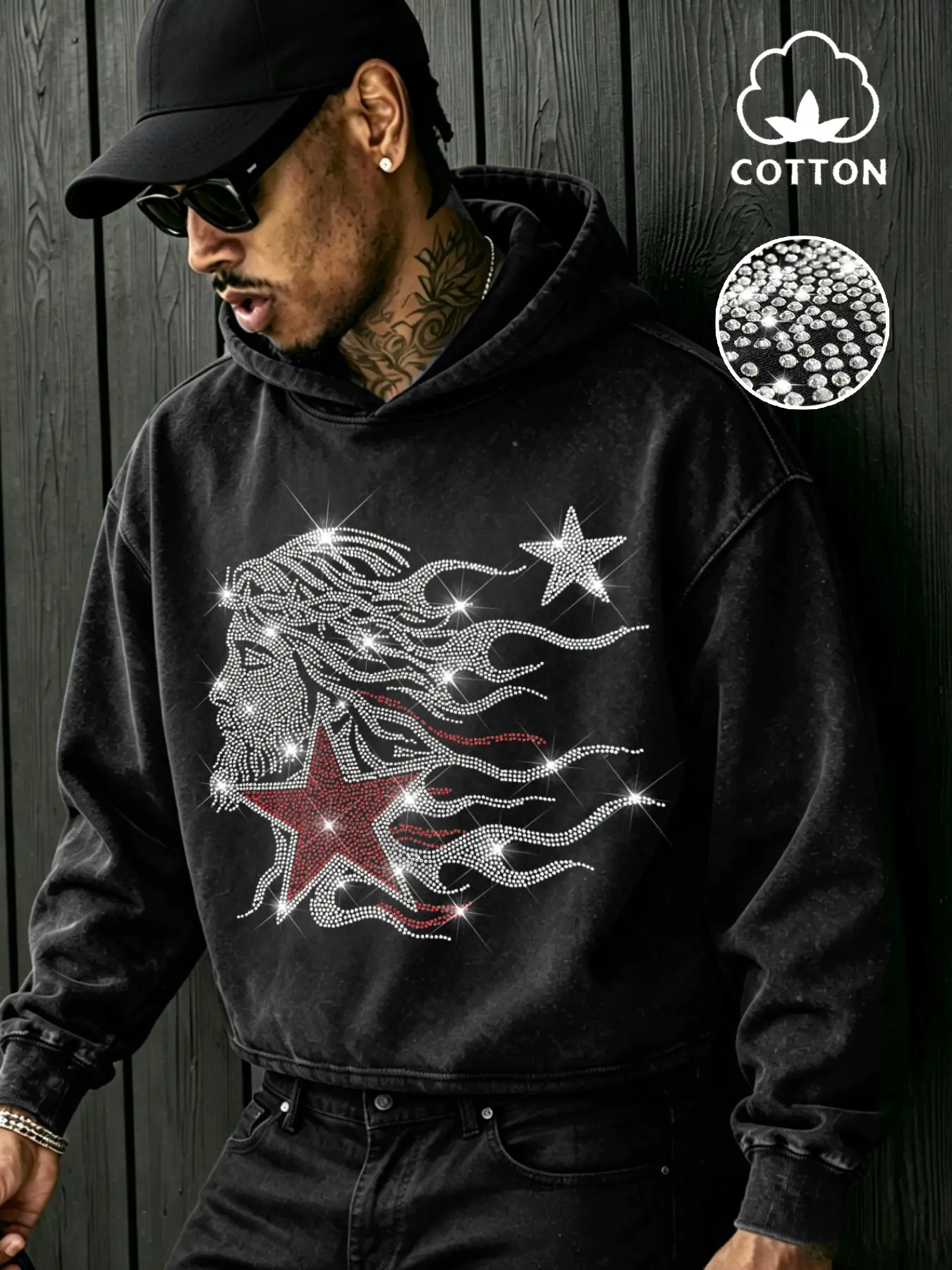 Men's Casual Hooded Sweatshirt, Embellished with Sparkling Rhinestones, Five-Point Star Pattern, Cotton Fabric, Versatile Design
