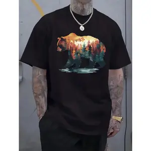 Men's Heavyweight 100% Cotton T-Shirt - Bear Forest Pattern T-Shirt, Light Gray Casual Everyday Style, Suitable for Plus Size Men, Breathable Crew Neck, Loose Fit, Comfortable Fabric, Short Sleeve T-Shirt