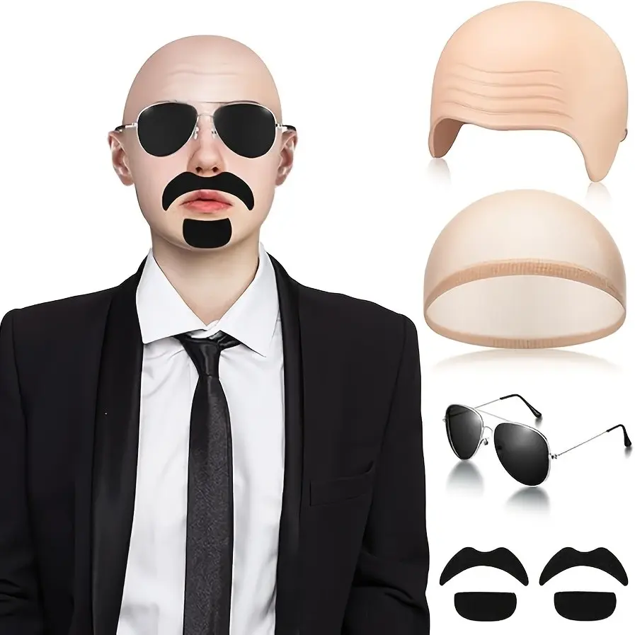 Unisex Costume Accessory Set, Bald Cap with Fake Beard & Wig Hat, Halloween Cosplay Outfit Props for Themed Party, Carnival & Dress Up