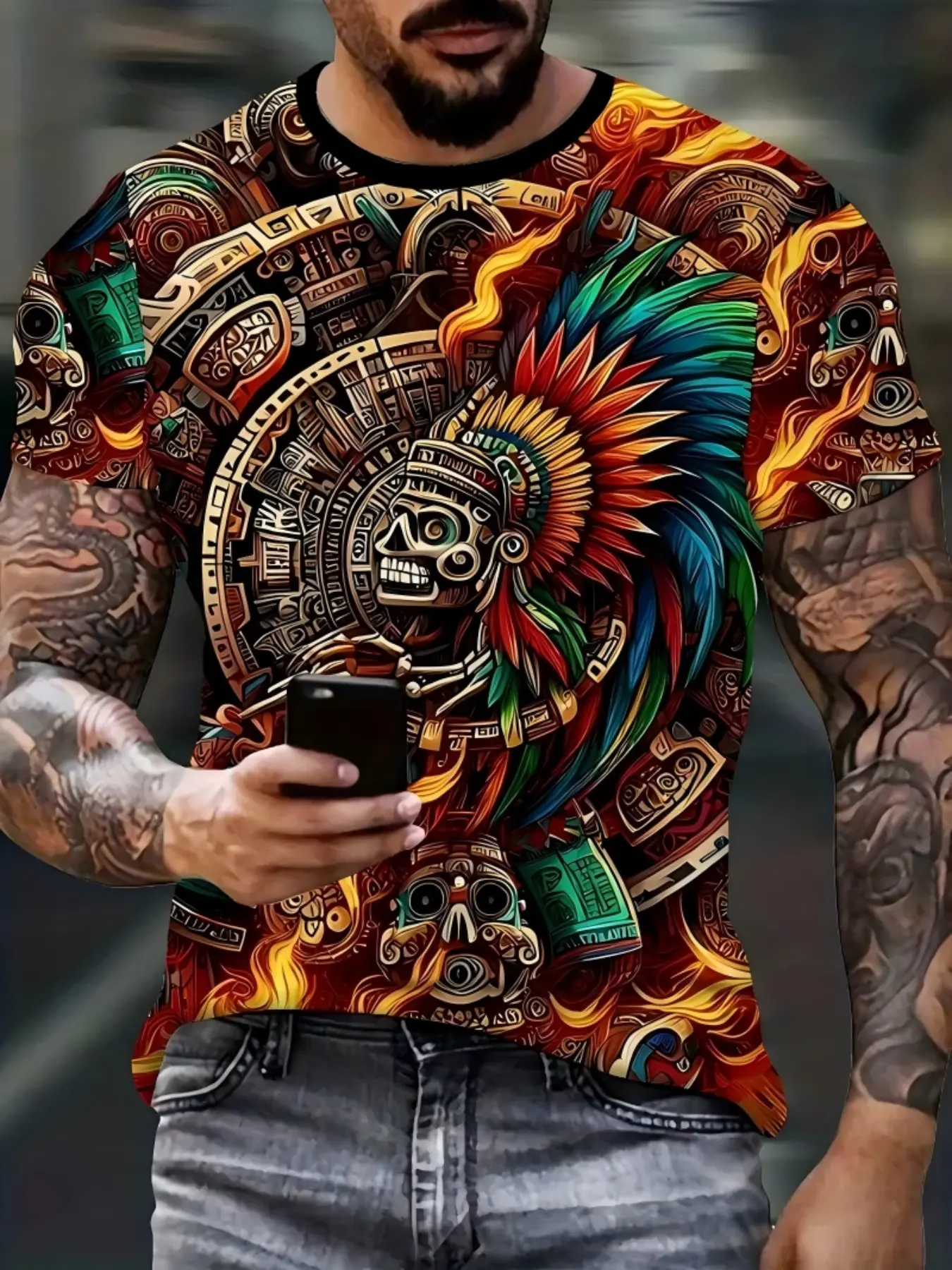 Vibrant Aztec Style Cultural Streetwear Print T-Shirt, Casual Breathable Fitted Men's Round Neck Tee, Perfect for Summer Hiking and Travel