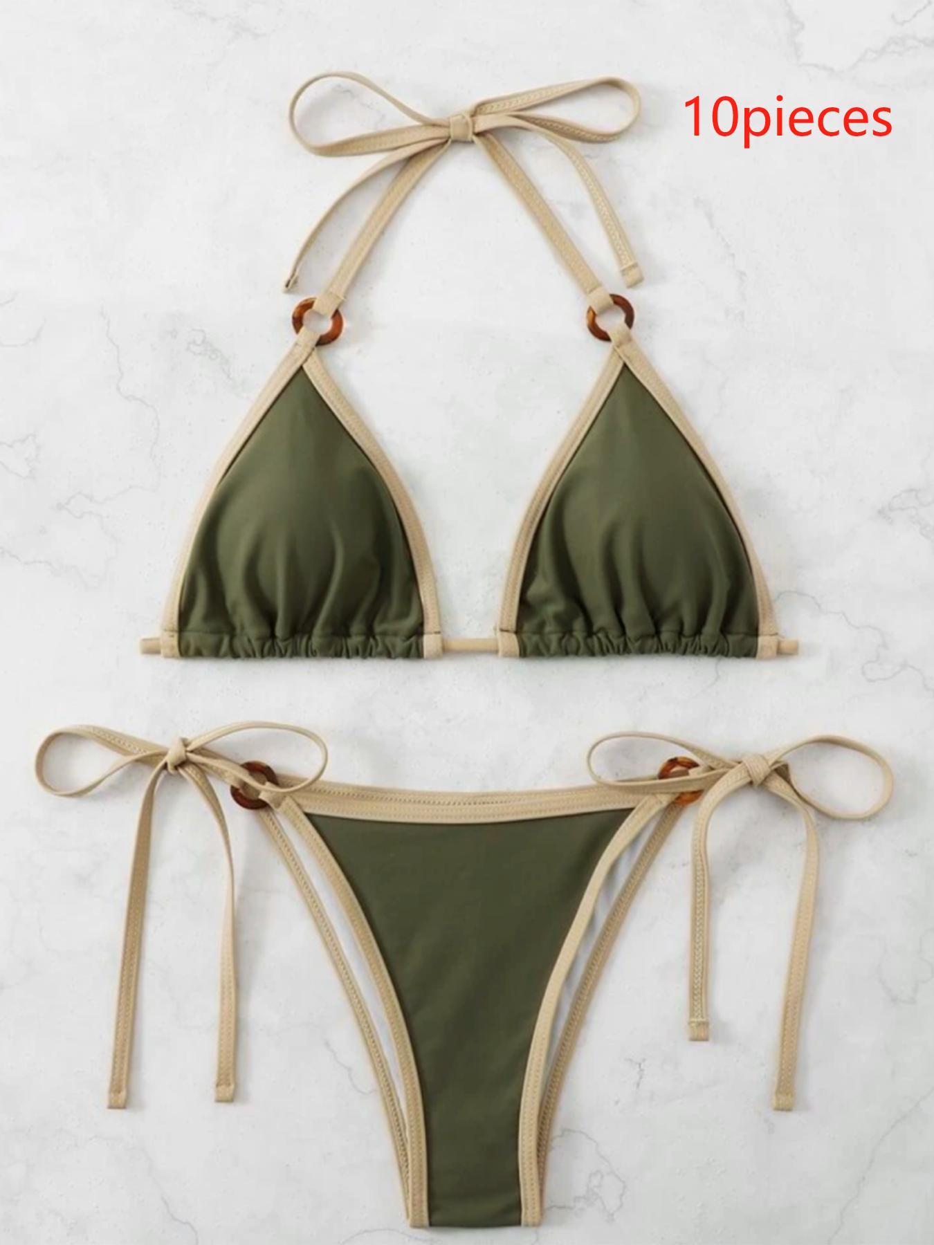 Two-Piece Set Women's Contrast Binding Ring Linked Set for Summer 2024, Casual Halter Triangle Swim Bra & Tie Side Swim Bottom, Ladies Summer Swimwear Linked Bikinis Sets