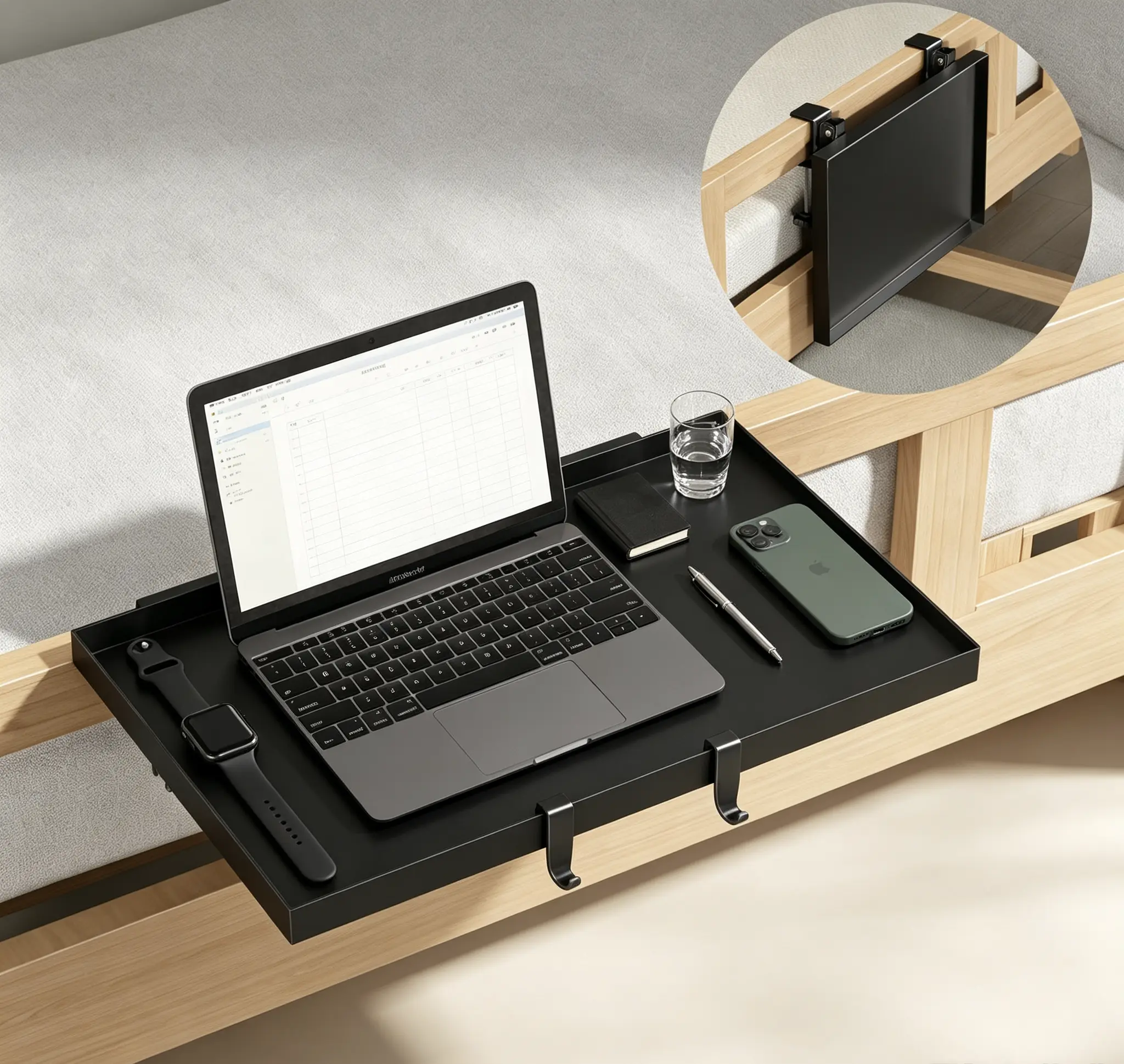 Back to School 100% Carbon Steel Clip-On Foldable Bedside Shelf No Drill Bed Side Tray with Cable Holes & Detachable Hooks for Dorm Bunk Beds College Students Dorm Room Essentials