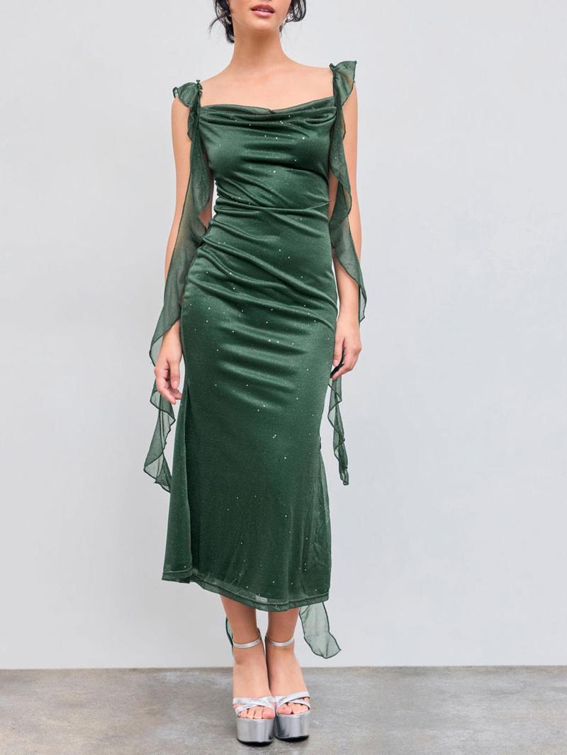 prom dresses，Valentine's Day Women's Solid Glitter Ruffle Trim Dress, Elegant Sleeveless Dress for Party Club Dating Wear, Ladies Clothes for All Seasons