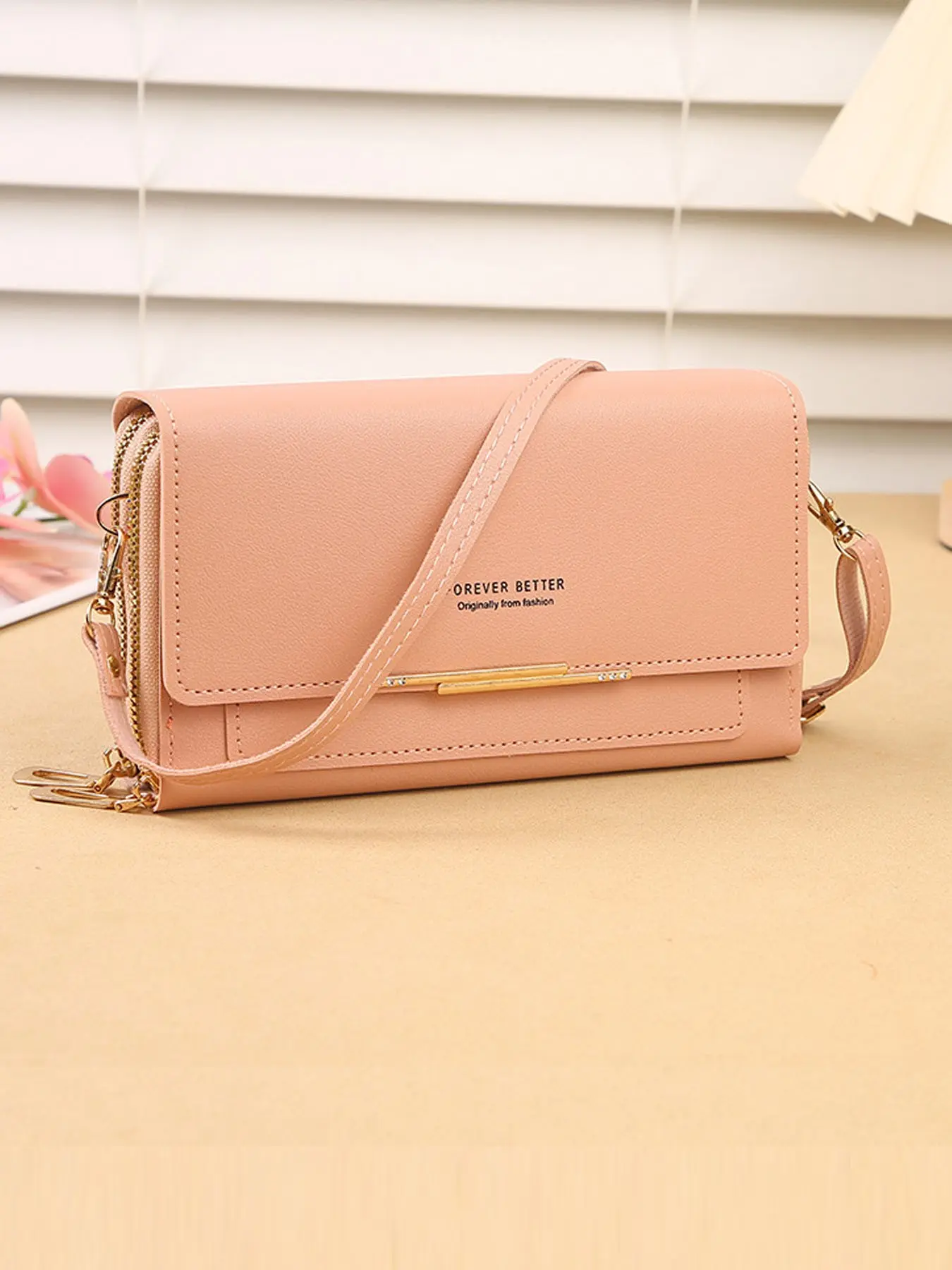 Pink Long Leather Crossbody Wallet for Women, Metal Bar Decor Multi Card Slots Zipper Cell Phone Purse, Detachable Strap Large Capacity Shoulder Bag for Daily Travel