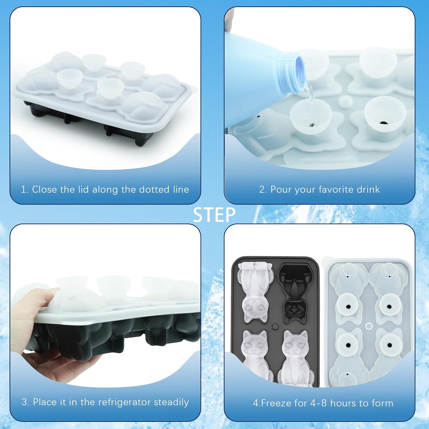 3D Cat Shaped Ice Cube Mold, 4 Hole Large Fun Shape Ice Cube Tray, Ice Molds for Cocktails, Bourbon, Brandy, Cocktail Whiskey Bourbon, Funny Cat Gifts for Cat Lovers