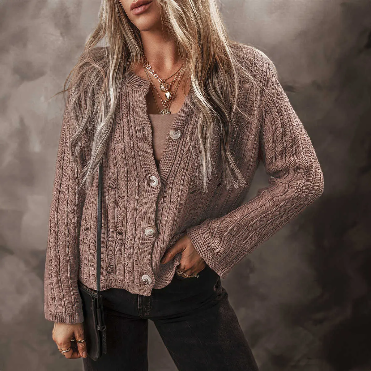 Goat Cut Out Textured Knit Buttoned Cardigan