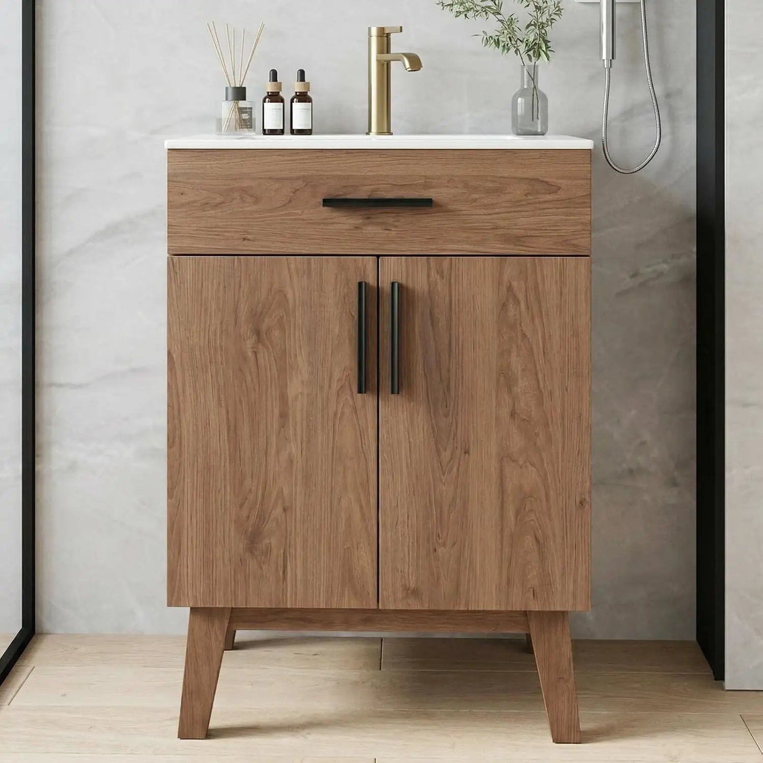24" Bathroom Vanity with Sink, Vanity Combo with Two Soft Close Cabinet Doors, Modern Single Bathroom Cabinet Set with Metal Handles (Brown with Sink, 24)