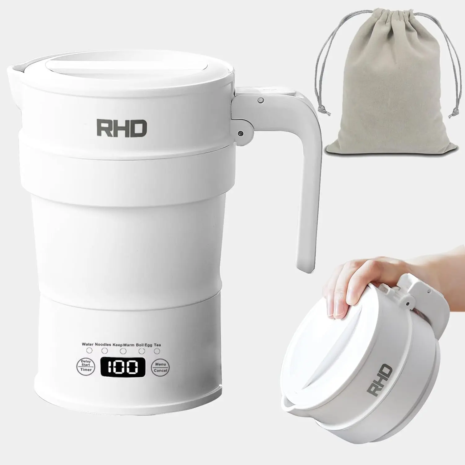 Portable Foldable Electric Kettle 700ml - Multi-function Travel Hot Water Kettle with Keep Warm & Delay Start, Collapsible Boiling Kettle, BPA-Free 600W 304 Stainless Steel, WhiteGift