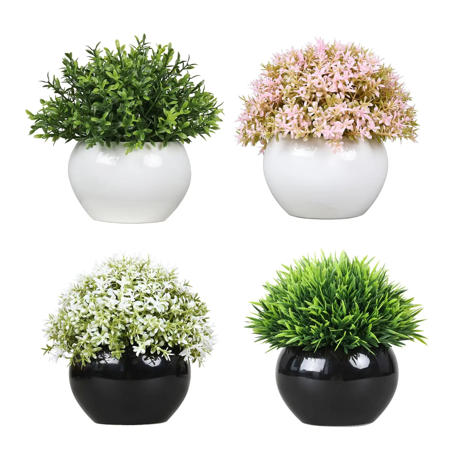 Garvee Set of 4 Artificial Potted Plants – Realistic Faux Greenery in Modern White Round Ceramic Pots – Maintenance-Free Decorative Indoor Plants for Home, Office, Bedroom, Kitchen, Bathroom, or Desk – Easy-Care, Eco-Friendly Mini Plant Decor