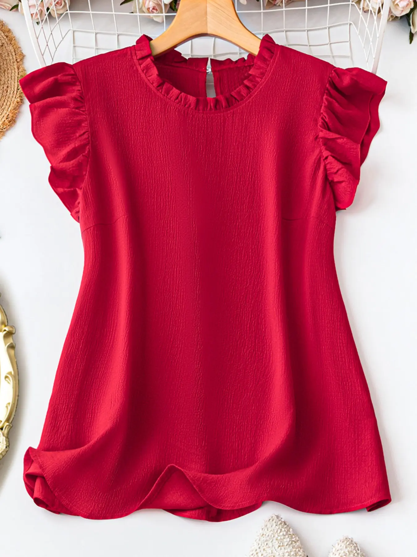 Plus Size Women's Solid Shirt with Ruffled Round Neck and Flutter Sleeves, Comfortable Drop Waist Design, Versatile for Office, Shopping, Home