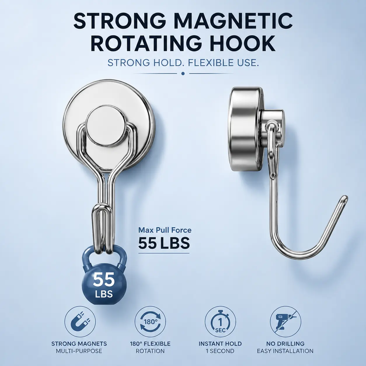 4 Pack Magnetic Hooks Heavy Duty , 55LB Strong Neodymium Magnet Hook, Silver Swivel Hooks for Cruise, Garage, Locker, Office and Kitchen