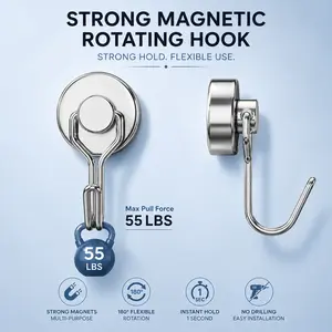 4 Pack Magnetic Hooks Heavy Duty , 55LB Strong Neodymium Magnet Hook, Silver Swivel Hooks for Cruise, Garage, Locker, Office and Kitchen