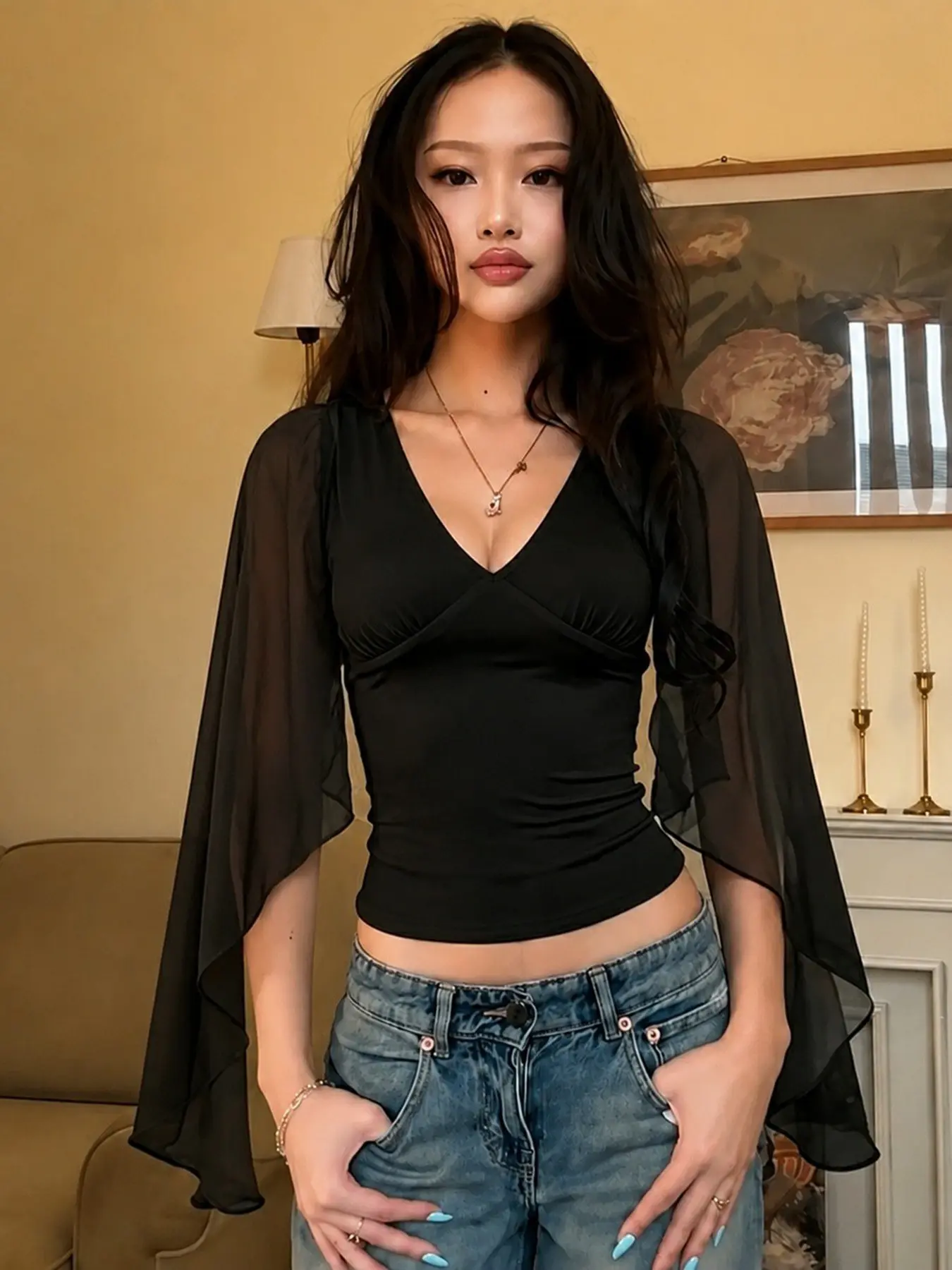 Elegant V-Neck Top, Flowy Chiffon Long Sleeve Patchwork Waist T-Shirt, Ideal for Parties, Formal Work, Daily Outings
