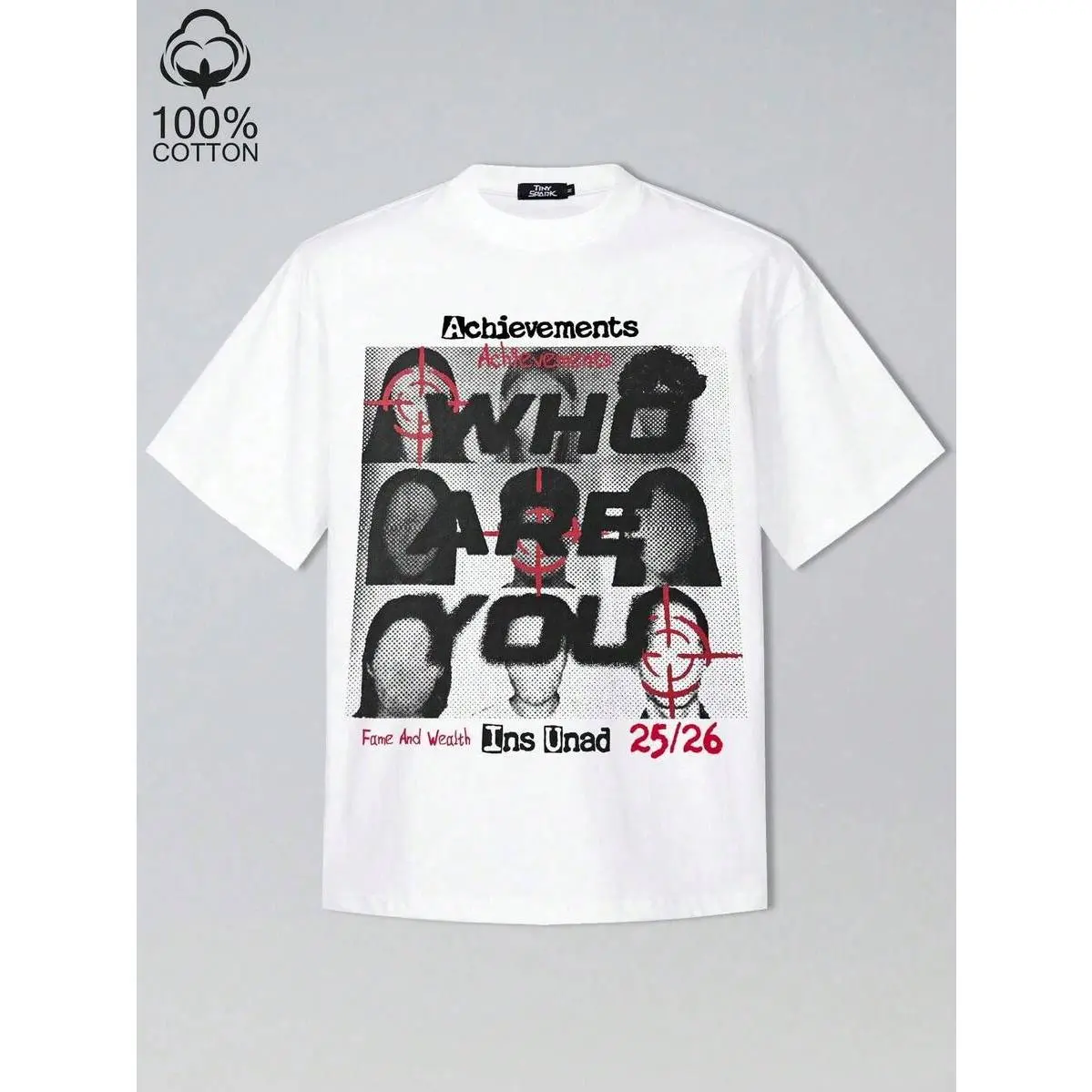 Y2K Grunge Dark Target Portrait Graphic Vintage White Short Sleeve T-Shirt, Perfect Holiday Gift Hip Hop Streetwear Casual Tee. Made Of 100% Soft Breathable Pure Cotton Fabric, Oversized Unisex Drop Shoulder Loose Top. Distressed Halftone Mesh Texture