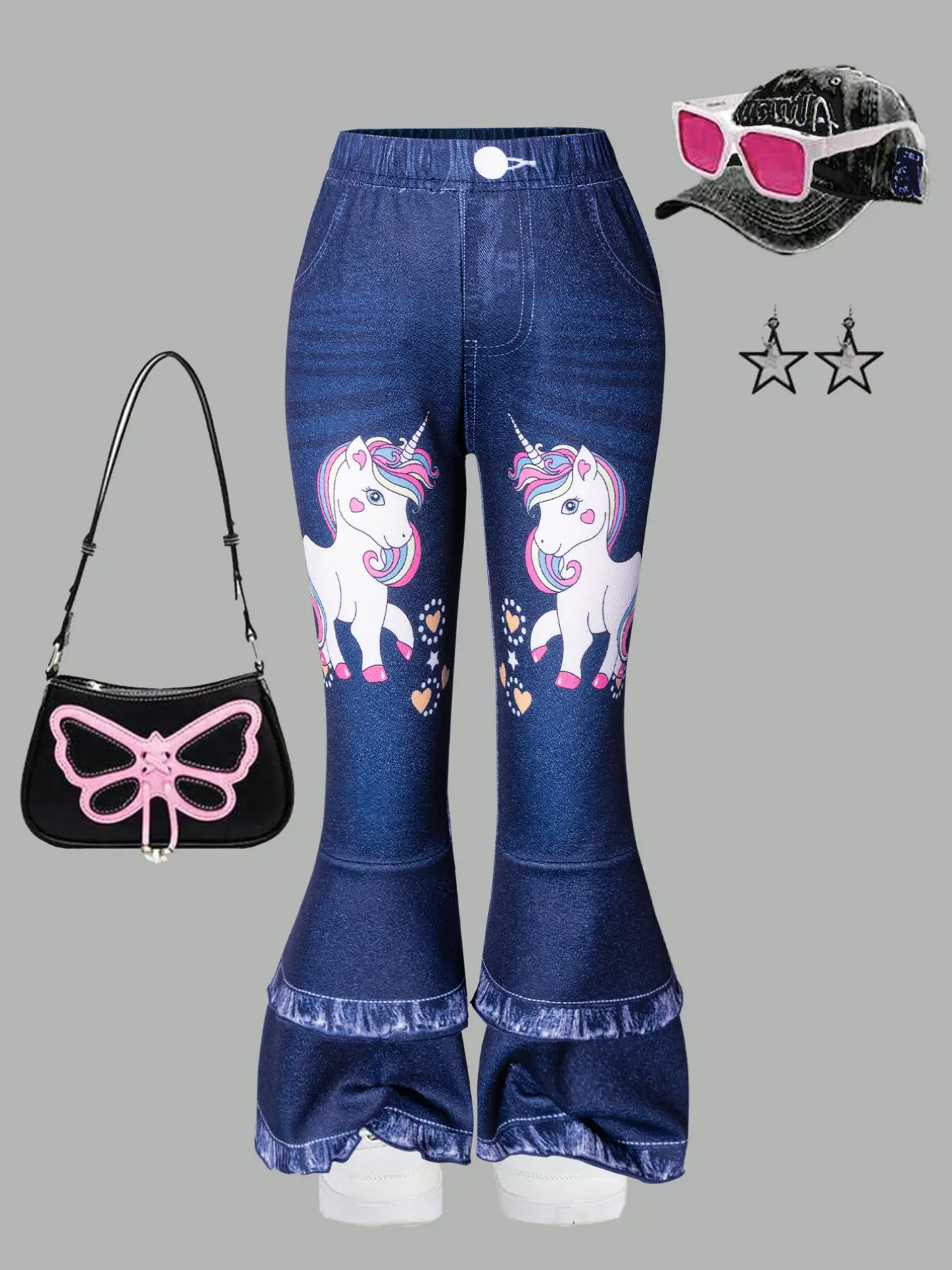 Girls' Long Flared Trousers, Casual Butterfly Pattern, Elastic Waist, Loose-Fit, Soft and Comfortable, Perfect for Parties and Gifts, Loose Legged Pants