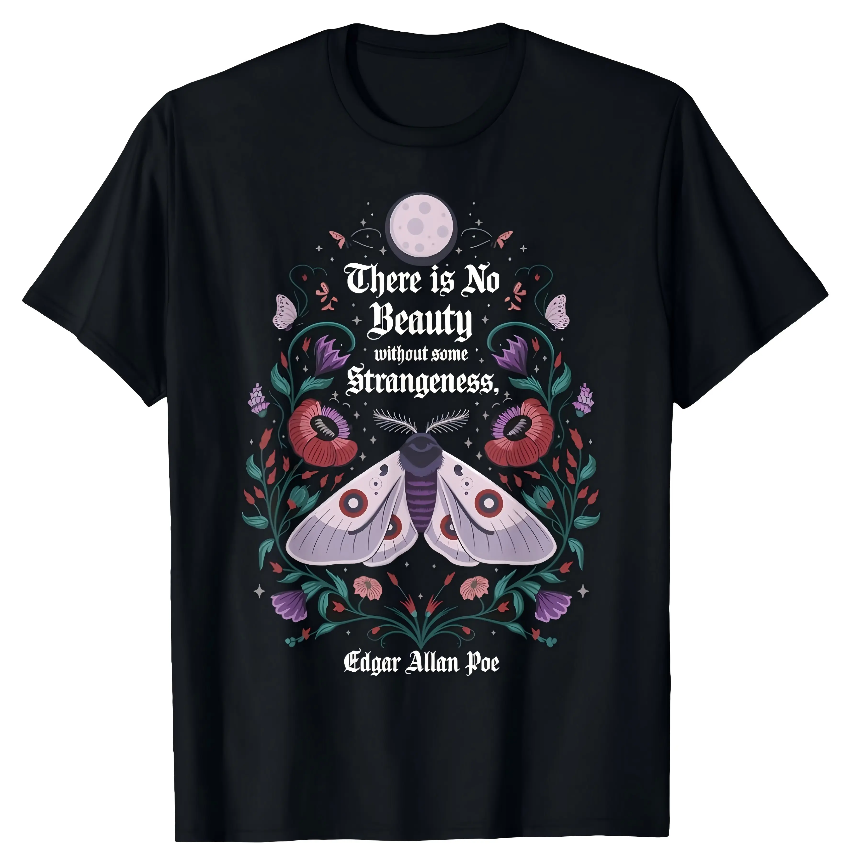 "No Beauty Without Strangeness" Moth Full Moon Floral Unisex T-Shirt for Men & Women - Dark Cottagecore Gothic Design, Soft Cotton Crew Neck Short Sleeve, Comfortable All-Season Tee, Perfect for Everyday Casual & Witchy Style, Machine Washable