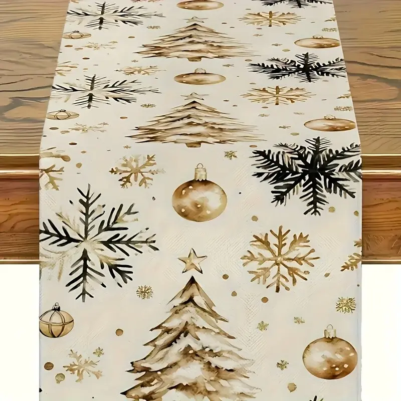 Christmas Table Runner, Rectangular Tablecloth with Tree, Decorative Snowflakes, Ideal for Holidays, Weddings, Parties, Easy Clean Kitchen Decor