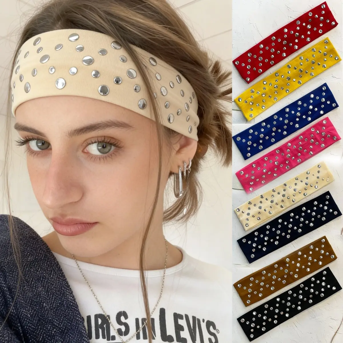 Elastic Resin Rivet Headband - Punk Rivet Sports Streetwear, Spicy Girl Sun-Protective Versatile Hair Wrap Accessory, Spicy Girl Hair Wrap, Flexible, Elastic Headband, Resin Rivets