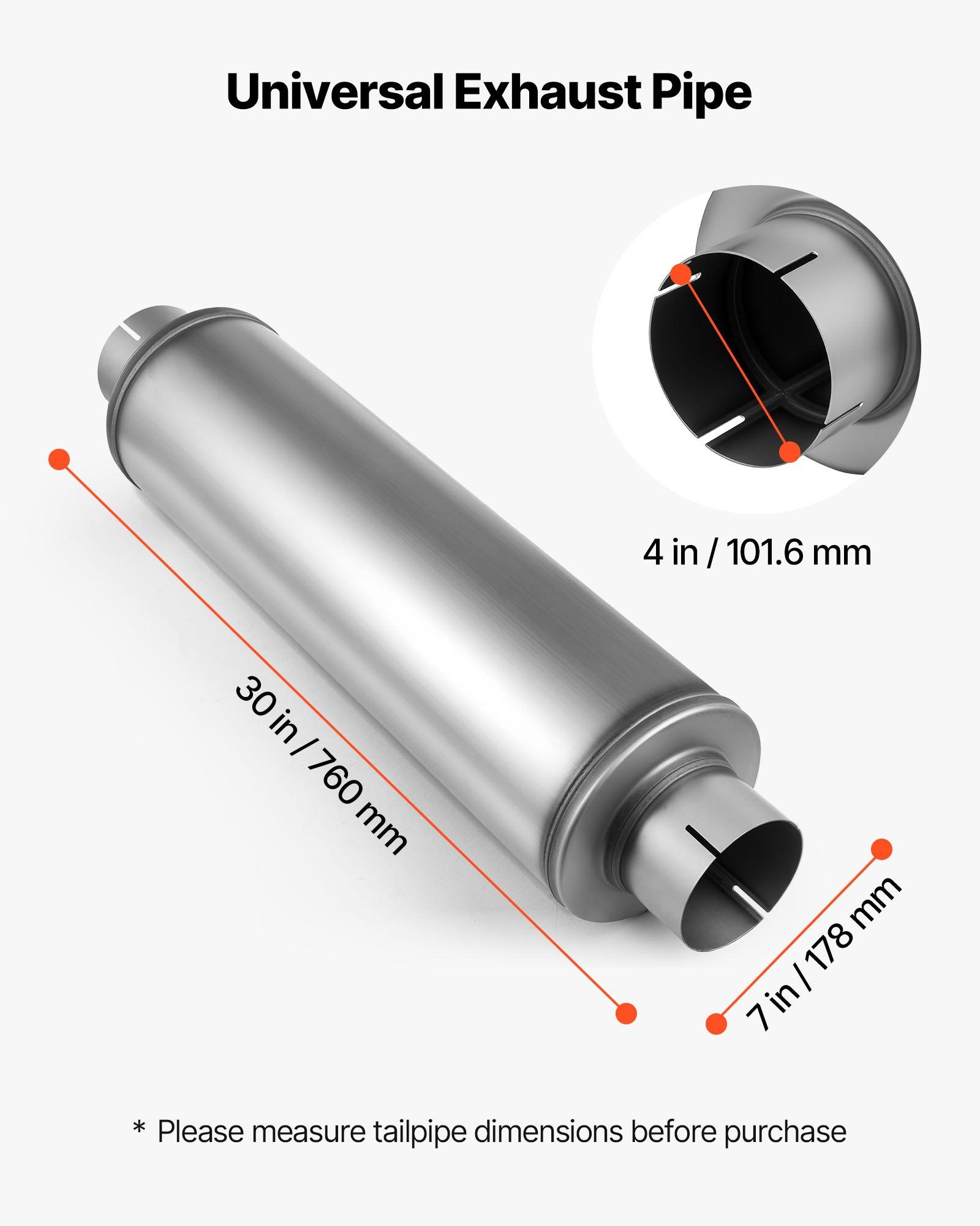 VEVOR Exhaust Muffler, 4 Inch Inlet & Outlet, 30 Inch Overall Length Stainless Steel Exhaust Tip, Universal Resonator Round Body, High Performance for Trucks, Sedans, Sports Cars, SUVs & Daily Drivers