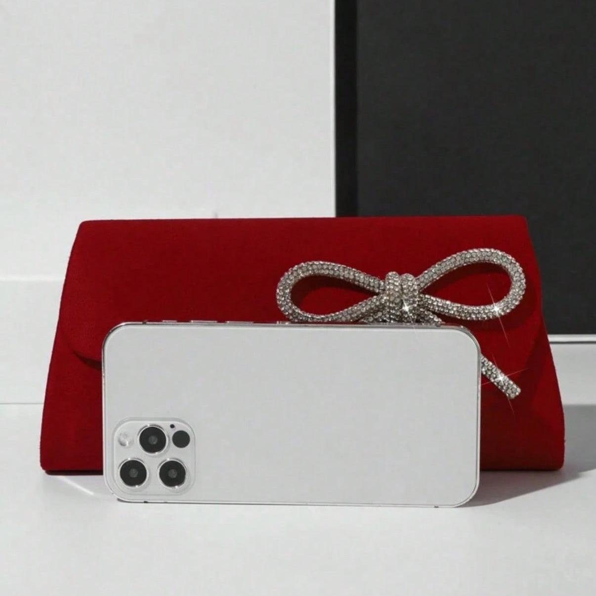 Red Mini Handbag Clutch Sparkly Rhinestone Bow Decor Purse Women Evening Bag Crossbodybag Shoulderbag With Chain For Party & Wedding, Perfect Valentine's Day Gift