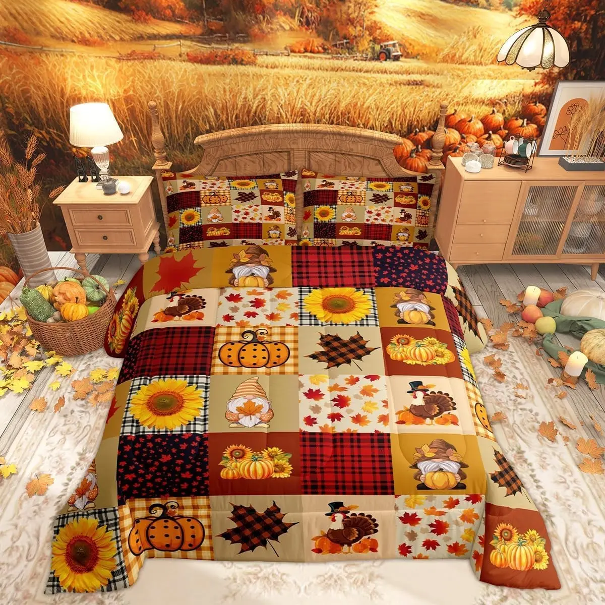 3pcs Autumn Pumpkin Grid Bedding Set, Rural Farmhouse Maple Sunflower Bed Linen, Thanksgiving Turkey Quilt Set, Vintage Quilt