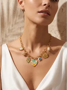 Rainbow Drip Heart Necklace, Vintage Diamond-Encrusted Openwork Palm with Devil's Eye Pendant, Women's Versatile Collarbone Chain, Fashionable and Versatile Statement Jewelry