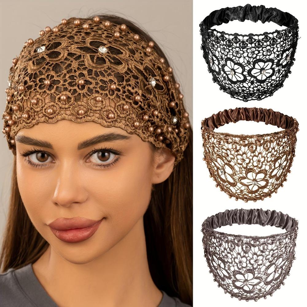 4-Pack Boho Lace Headbands with Faux Pearls, Wide Hollow Hair Wraps, Vintage Stretch Beaded Hair Accessories for Women