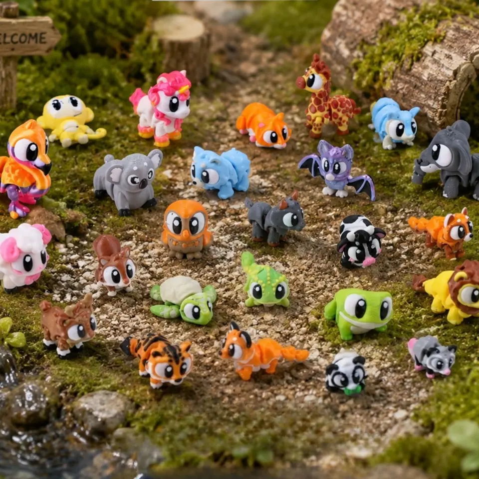 3D Printed Small Animal Toy Set Big Eye Series Movable Jointed Mini Figurine Resin Decor Micro Landscape Decoration Cute Desktop Ornament Small Gift for Animal Lovers