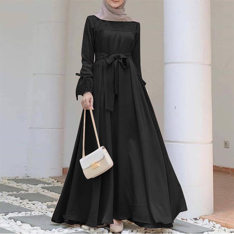 Creative and Elegant Muslim Women'S Long-Sleeved A-Line Dress |   Solid Color Patchwork, Four-Way Stretch, Tie Front Detail, Perfect for Spring, Summer, Autumn Casual Wear