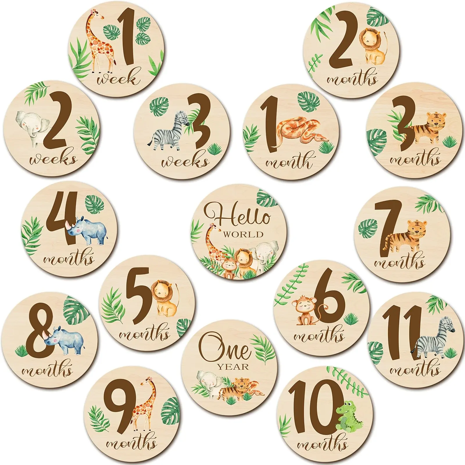 16 wooden monthly milestone cards - double-sided printing, jungle animal style photo props, wooden birth record plaque for newborns, first birthday commemorative card, baptism gift.