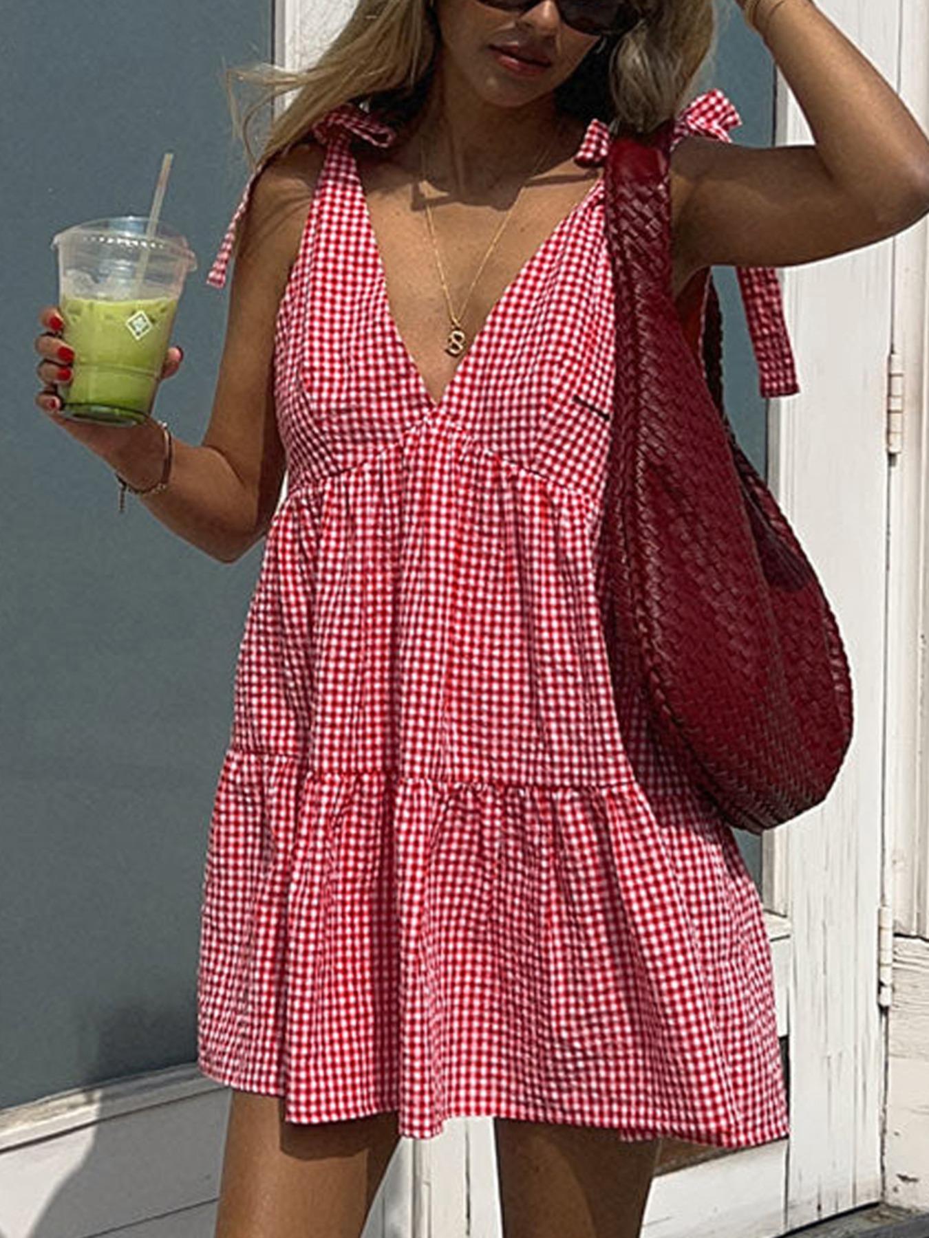 Women's Plaid Print Bow Decor Tie Shoulder Dress, Casual Fashion Gingham Dress for Daily Holiday Vacation Wear, Ladies Dress for Summer