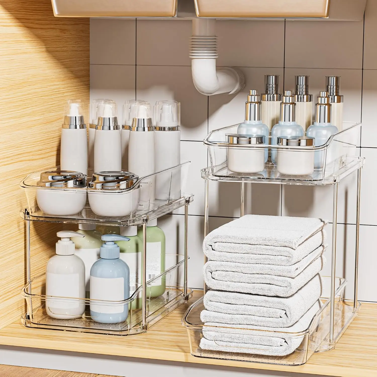 Stackable Rectangular Storage Bins (2-Pack) - 2-Tier Under Sink Organizers with Dividers, Pull-Out Synthetic Modern Multi-Purpose Holders for Bathroom, Kitchen Pantry, Stackable Storage Bins
