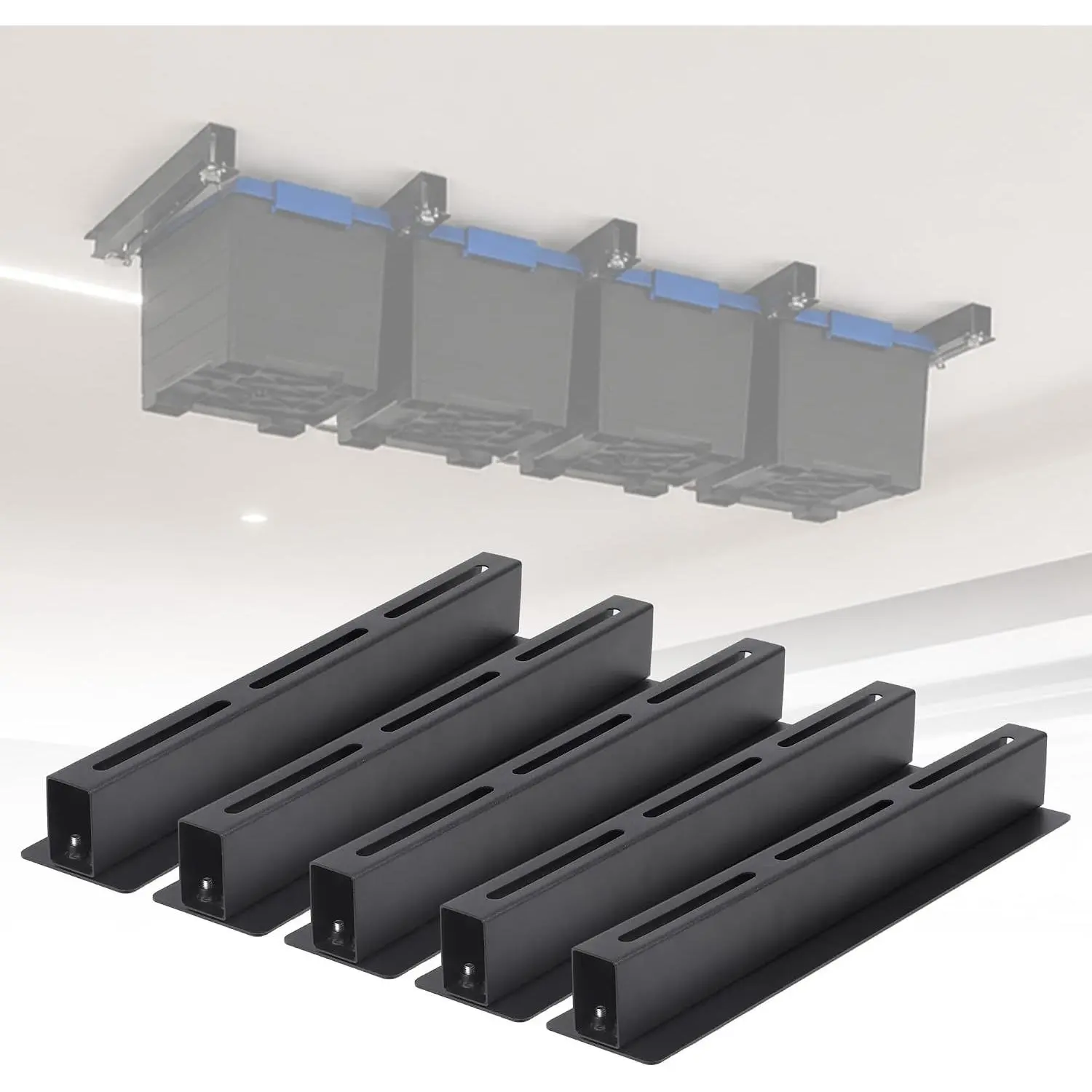 Garage Ceiling Storage Racks for 4 Bins, 17" Heavy Duty Steel Rails, Overhead Garage Storage Rack for 27 Gallon Totes, Powder Coated Tote Rack for Garages, Sheds, Storerooms