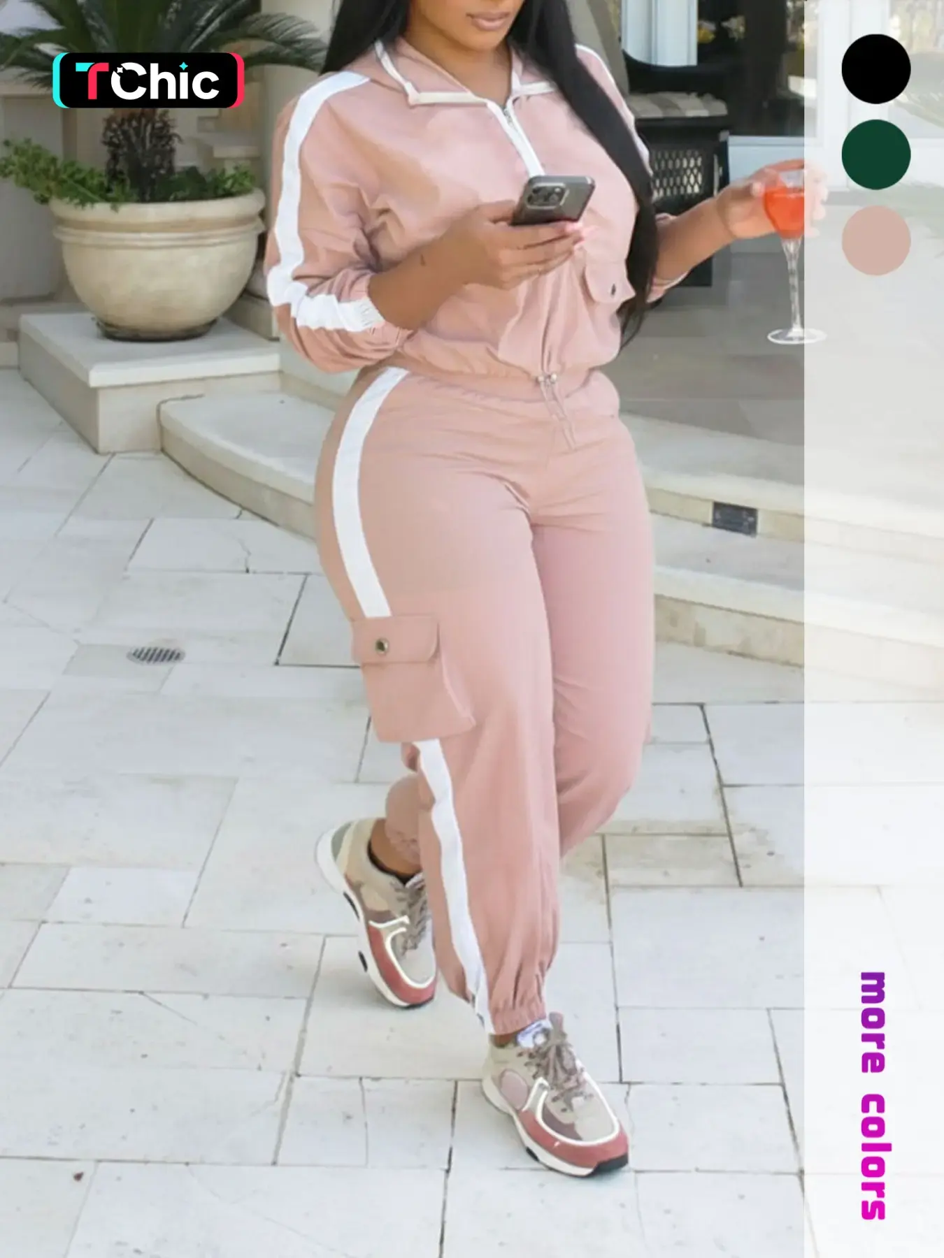 Women's Two-Piece Workwear Sport Set, Long Sleeve Zipper Windbreaker Jacket, High Waist Multi-Pocket Cargo Pants, Colorblock Design