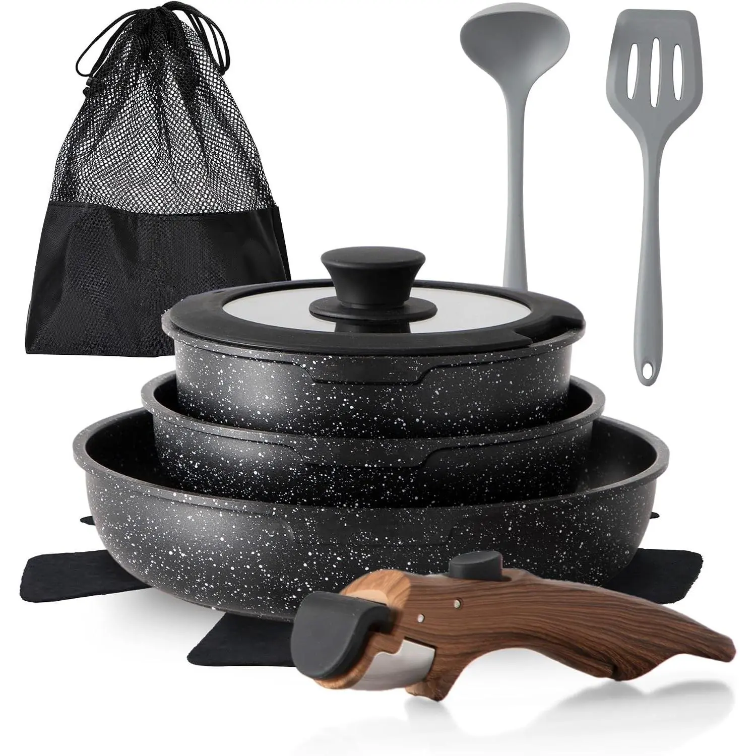 Removable Handle Pots and Pans, 10 Piece Cookware Set Non Stick | Kitchen Induction Compatible, Black Granite Non-Toxic, Stackable RV Cookware Sets for Camping