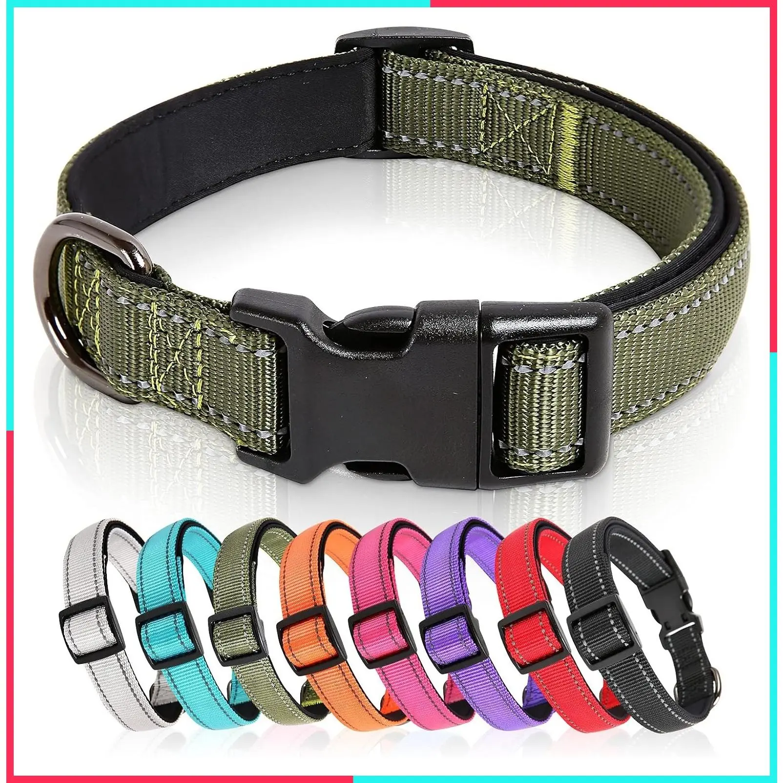 Reflective Soft Neoprene Padded Breathable Nylon Dog Collar, Adjustable for Small Dogs, Army Green, S(10.23-14.96")