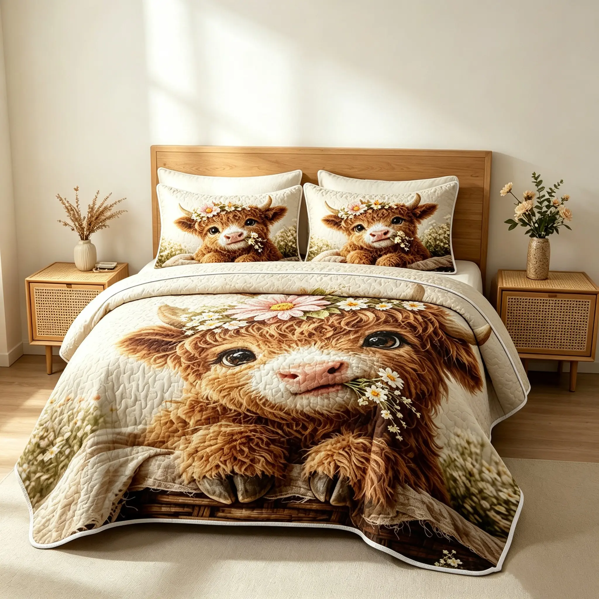Cute Highland Cow Quilt Bedding Set 3‑Piece, Farm Animal Cow with Daisy Flower Print Quilted Bedspread Coverlet Set, Soft Lightweight Reversible Bed Cover for Bedroom Guest Room, 1 Quilt + 2 Pillowcases