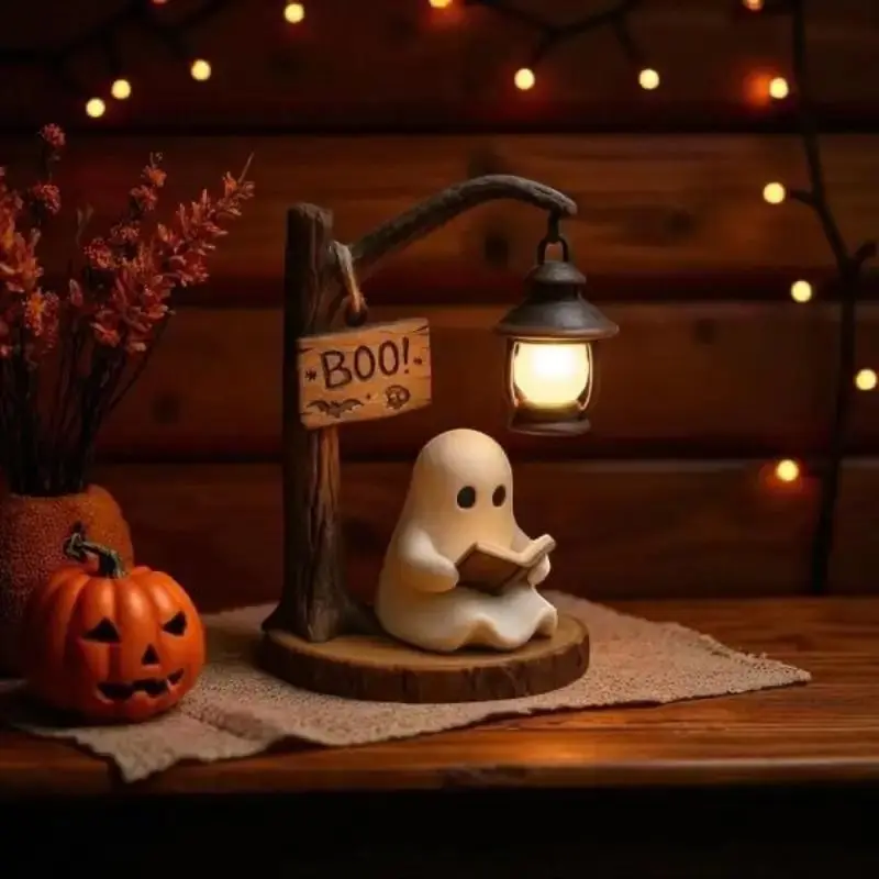 Ghost Under Lamp Halloween Night Light, Resin Ambient Desk Lamp, Spooky Warm Light Table Decoration, Indoor Bedroom Living Room Office Decor Light, Creative Halloween Home Ornament, Decorative Ambiance Lighting, Atmosphere Light