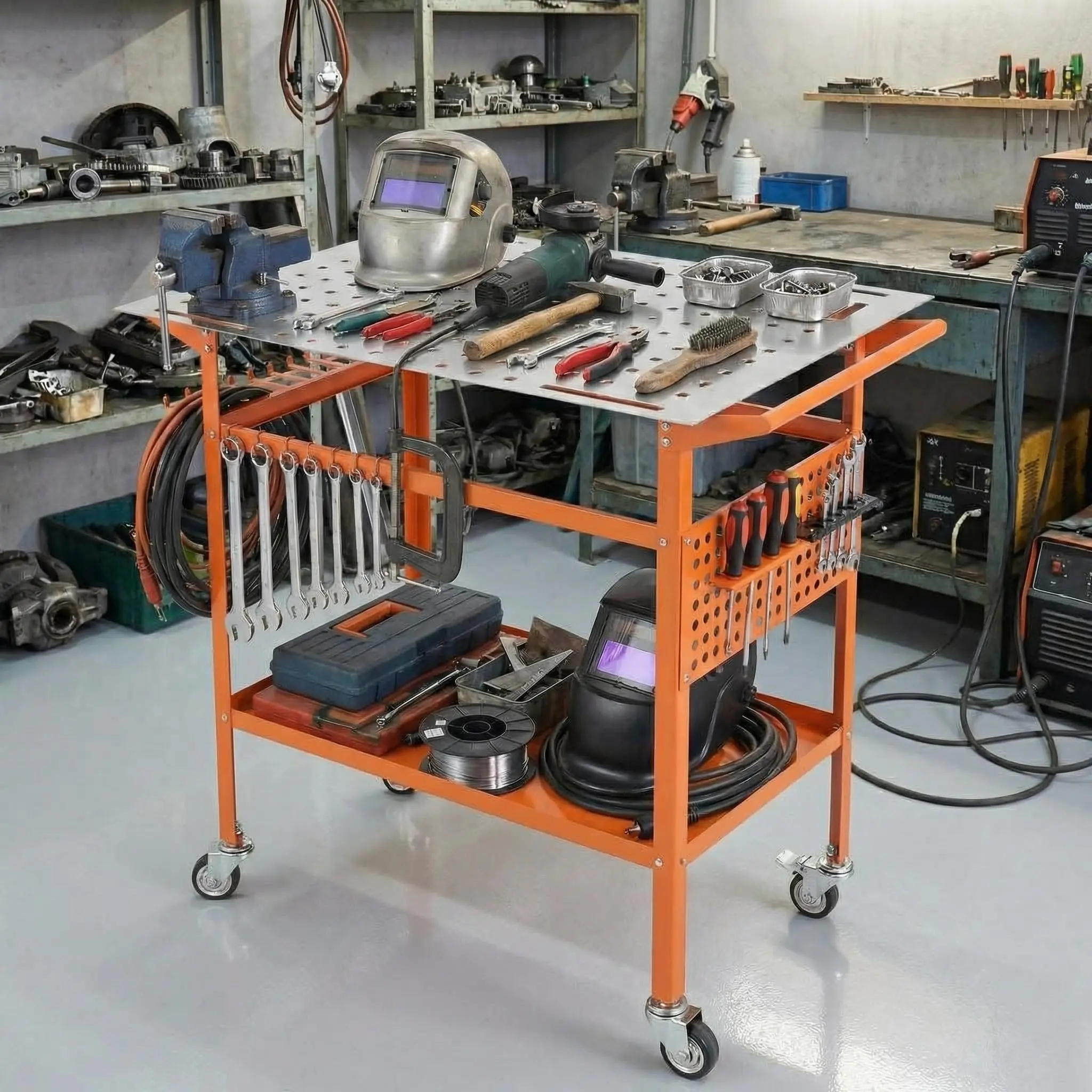 Heavy-Duty Welding Table with Wheels, 800 lb Carbon Steel Workbench, 36" x 24" Metal Work Table with 5/8" Fixture Holes, Pegboard, Tool Hooks & Storage Tray