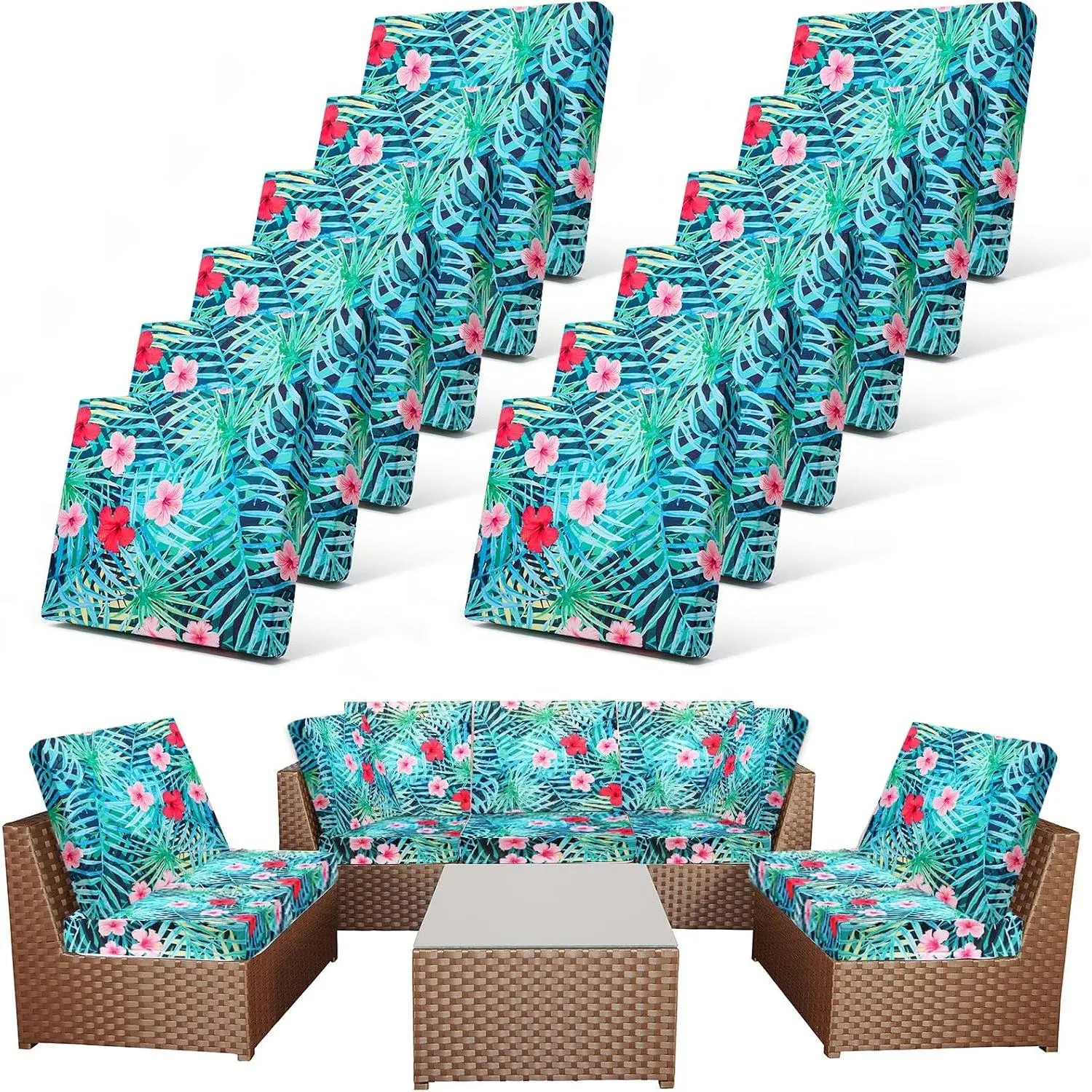 12 Pcs Patio Cushion Covers Outdoor Stretch Sofa Couch Cover Replacement Couch Slipcover Sofa Seat Chair Porch Patio Furniture Protector, Flexibility Washable(Colorful,Palm Leaf)
