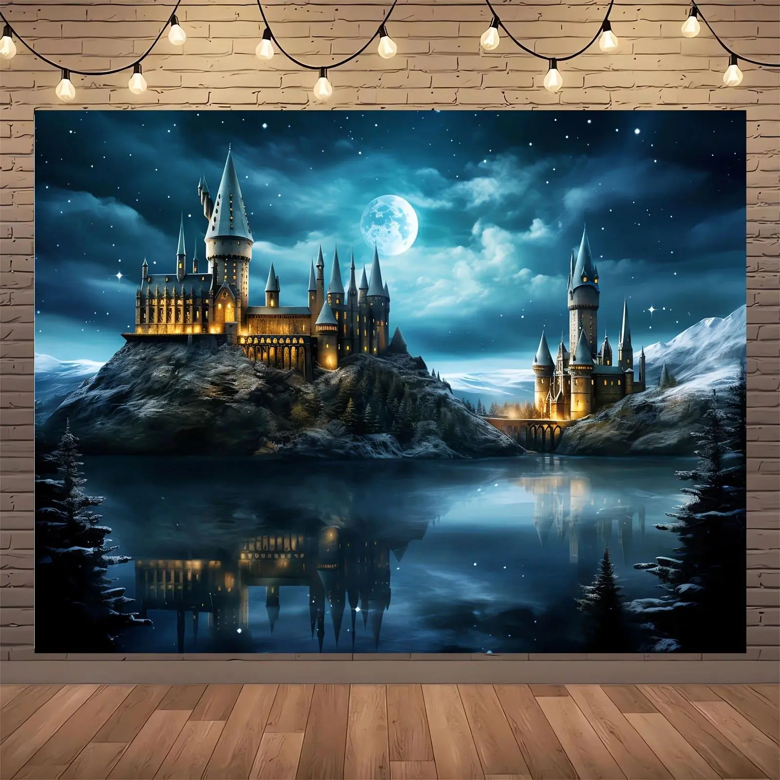Polyester Magic Castle Wizard Tapestry Wall Hanging - Fantasy Night Sky, Moon, Lightning Design, Home Decoration, Formal Photography Background, Church Gift for Thanksgiving, Anniversary, Engagement, Easter