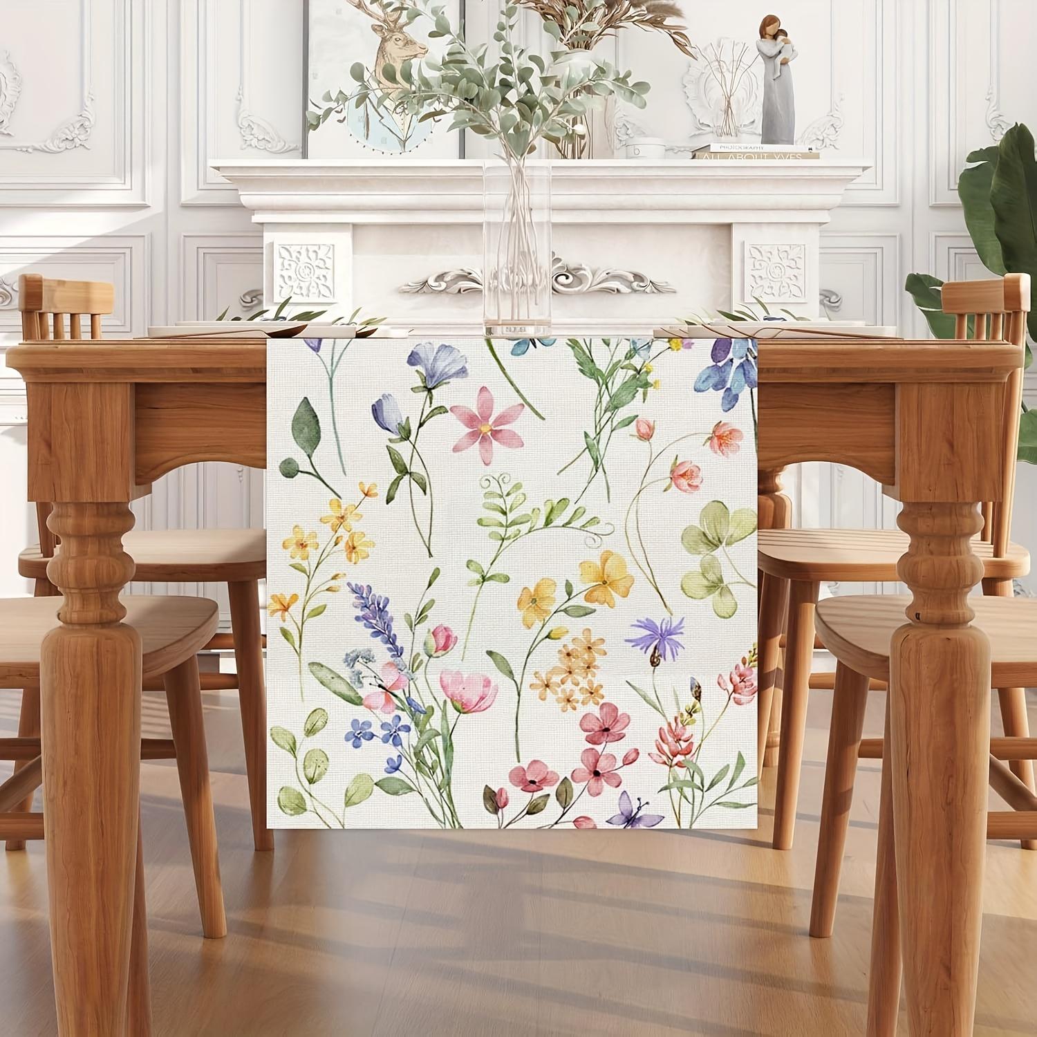 Floral Linen Table Runner - 100% Woven Linen, Flower Pattern, Rectangle, Available in Multiple Sizes for Dining Room, Spring Summer Easter Table Decor