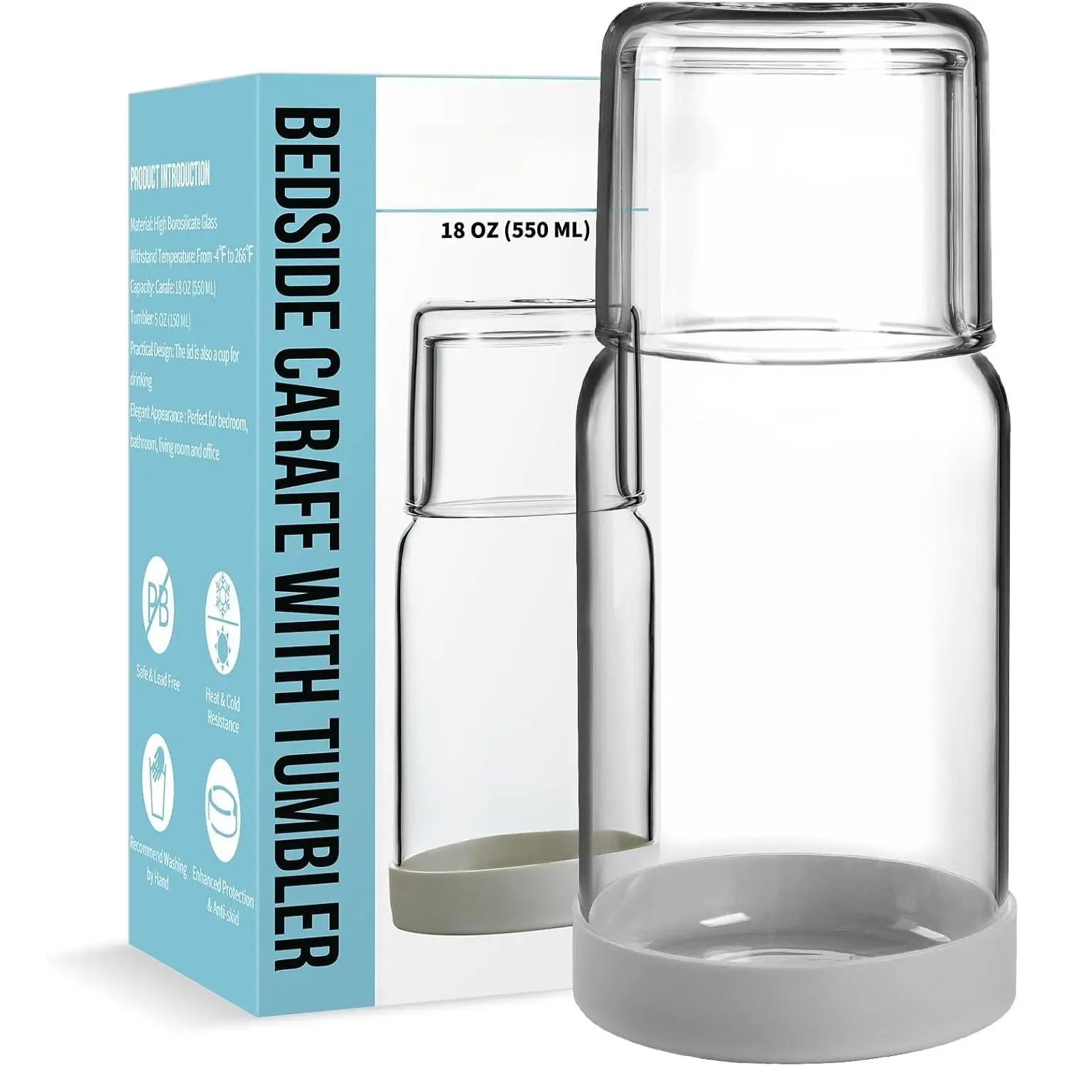 Bedside Water Carafe and Glass Set With  Coaster for Nightstand, Bedroom, 18 OZ Clear Mouthwash Dispenser for Bathroom