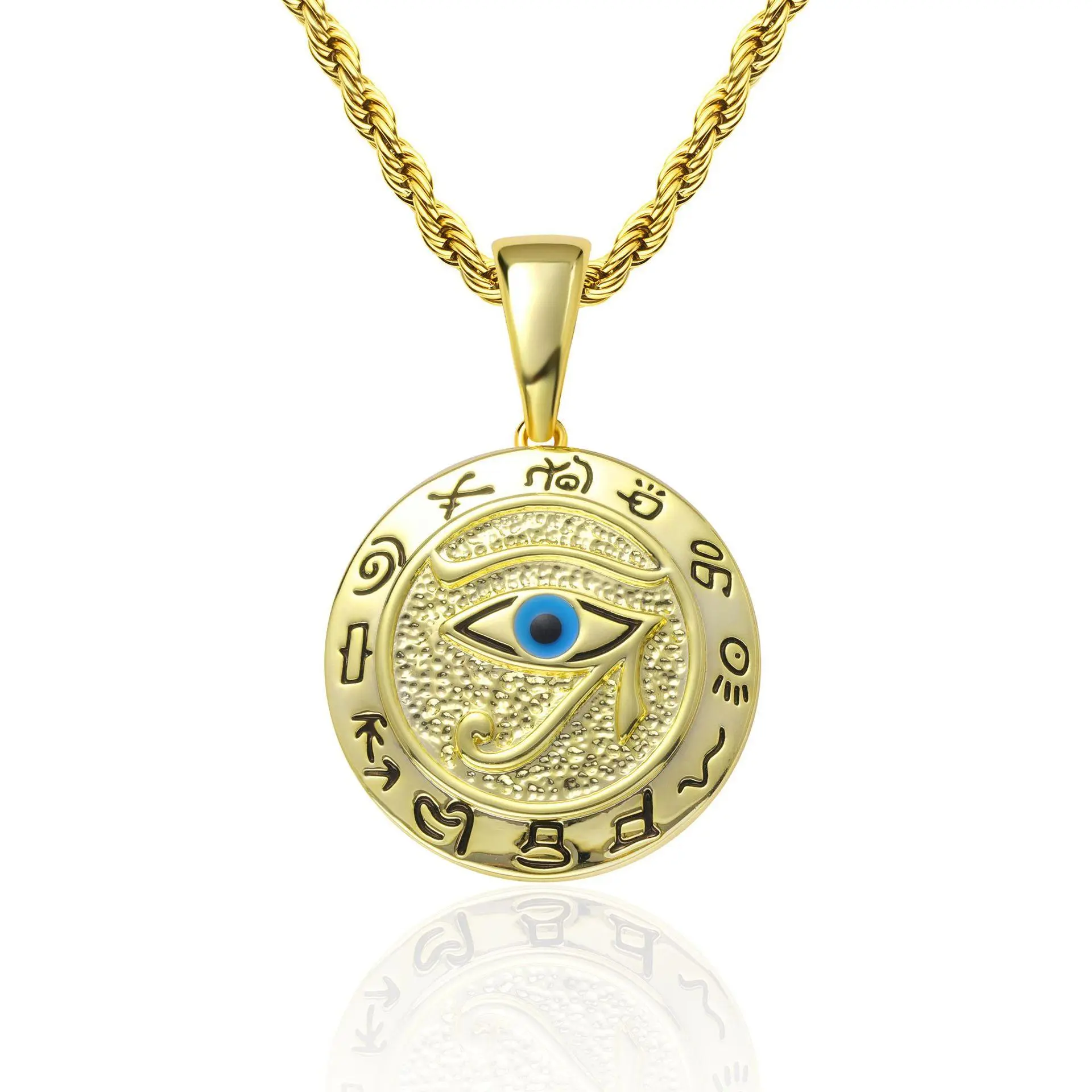 2–126 RCC 14/K Plated Eagle Head “God’s Eye” Necklace, Ancient Egypt Eye of Horus Alloy Pendant Necklace, Distinctive Gold Tone men's jewelry trendy costume jewelry