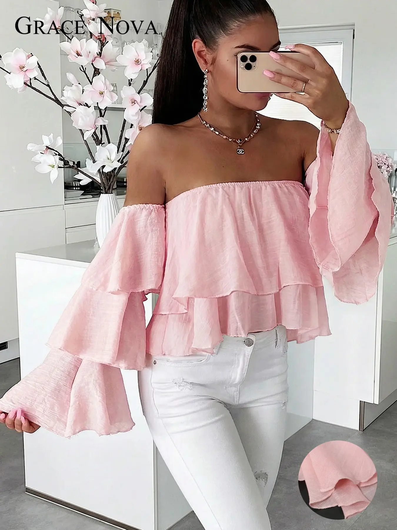 Women's Casual Fashion High-End One-Shoulder Layered Ruffled Top, Spring and Autumn Clothing, Stylish, Chic and Comfortable Upper Garment Sleeves