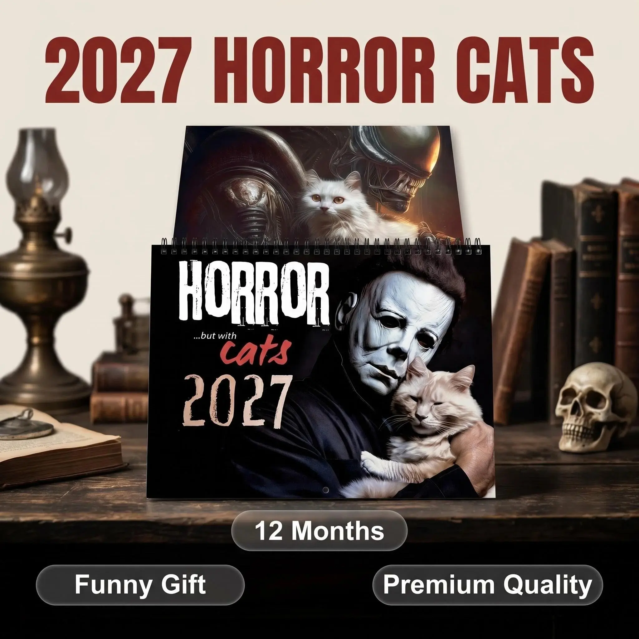 2027 Horror Movie Theme Cat Calendar, 12-Month Monthly Planner, Halloween Atmosphere Desk Decor, Unique Gift for Cat Lovers and Horror Fans